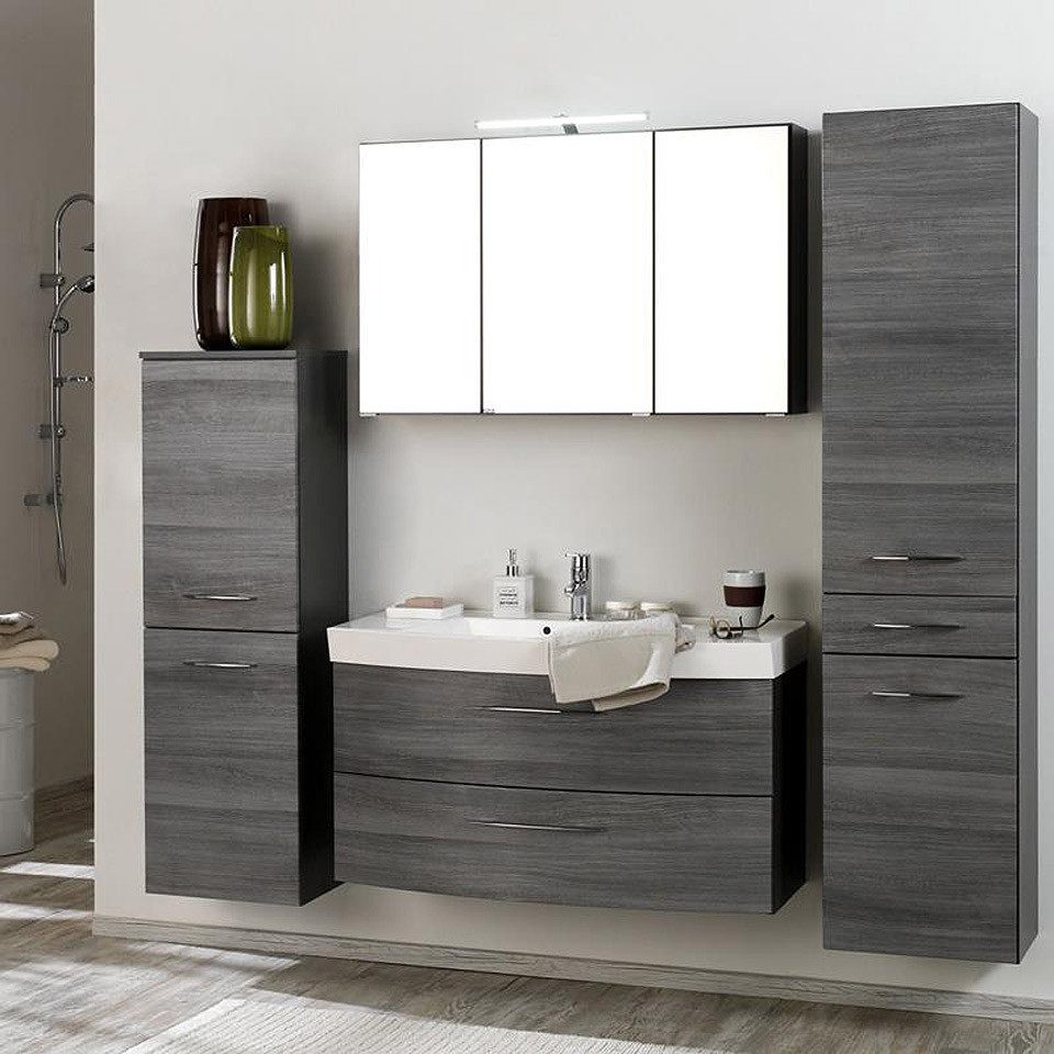 Lomadox Badmöbel-Set FLORIDO-03, (Spar-Set, 4-St), Midischrank Badschrank Waschtisch Spiegelschrank Hochschrank grau