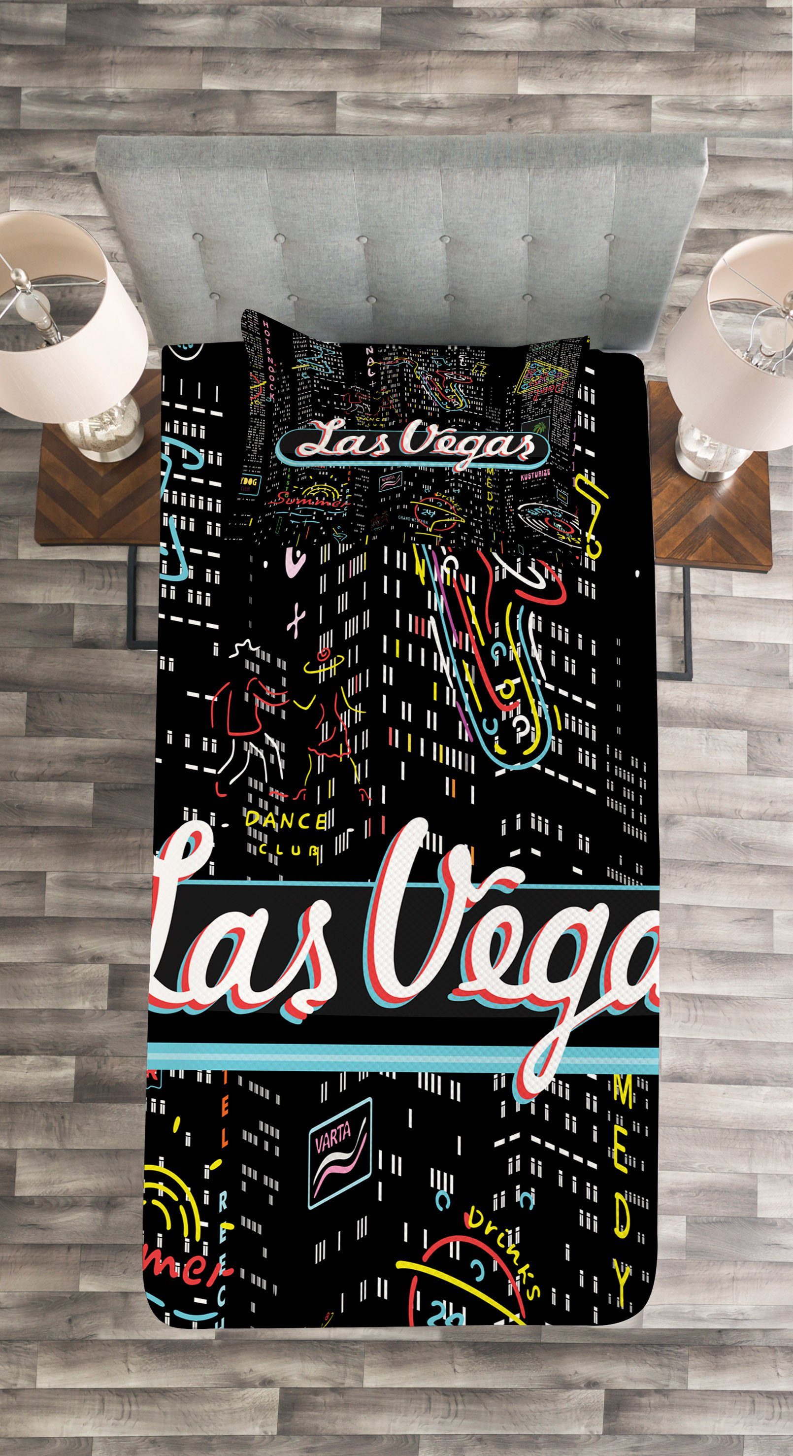 Waschbar, Las Abakuhaus, Tagesdecke Vegas Schilder Kissenbezügen Bar Sax Set mit Gebäude