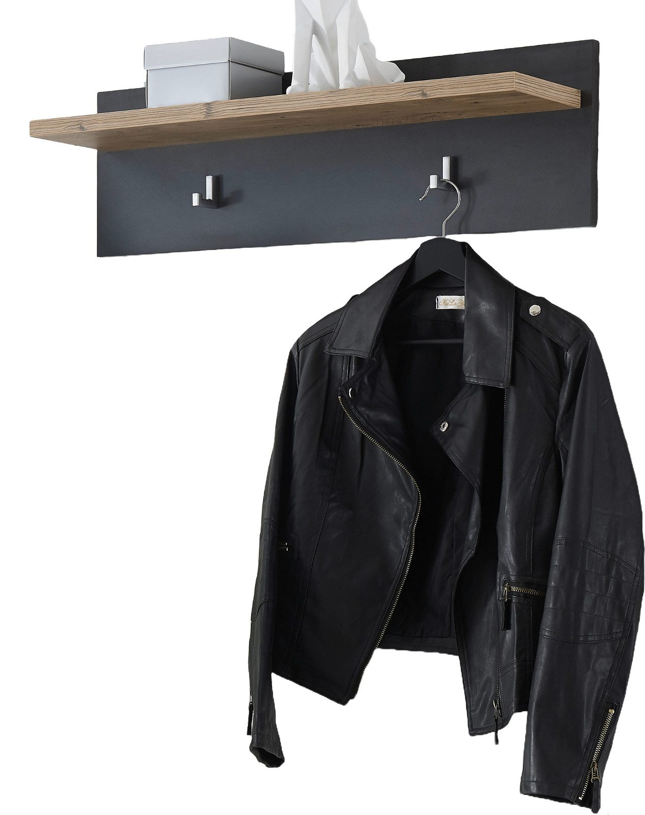 Furn.Design Garderobenpaneel Beveren (Wandgarderobe in Fresco grau und Kastanie, 80 x 23 cm), mit Ablage