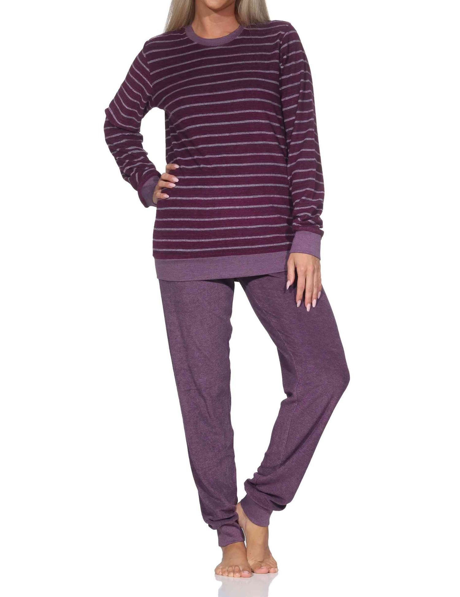 Normann Pyjama Damen Frottee Schlafanzug mit Bündchen in elegantem Streifendesign