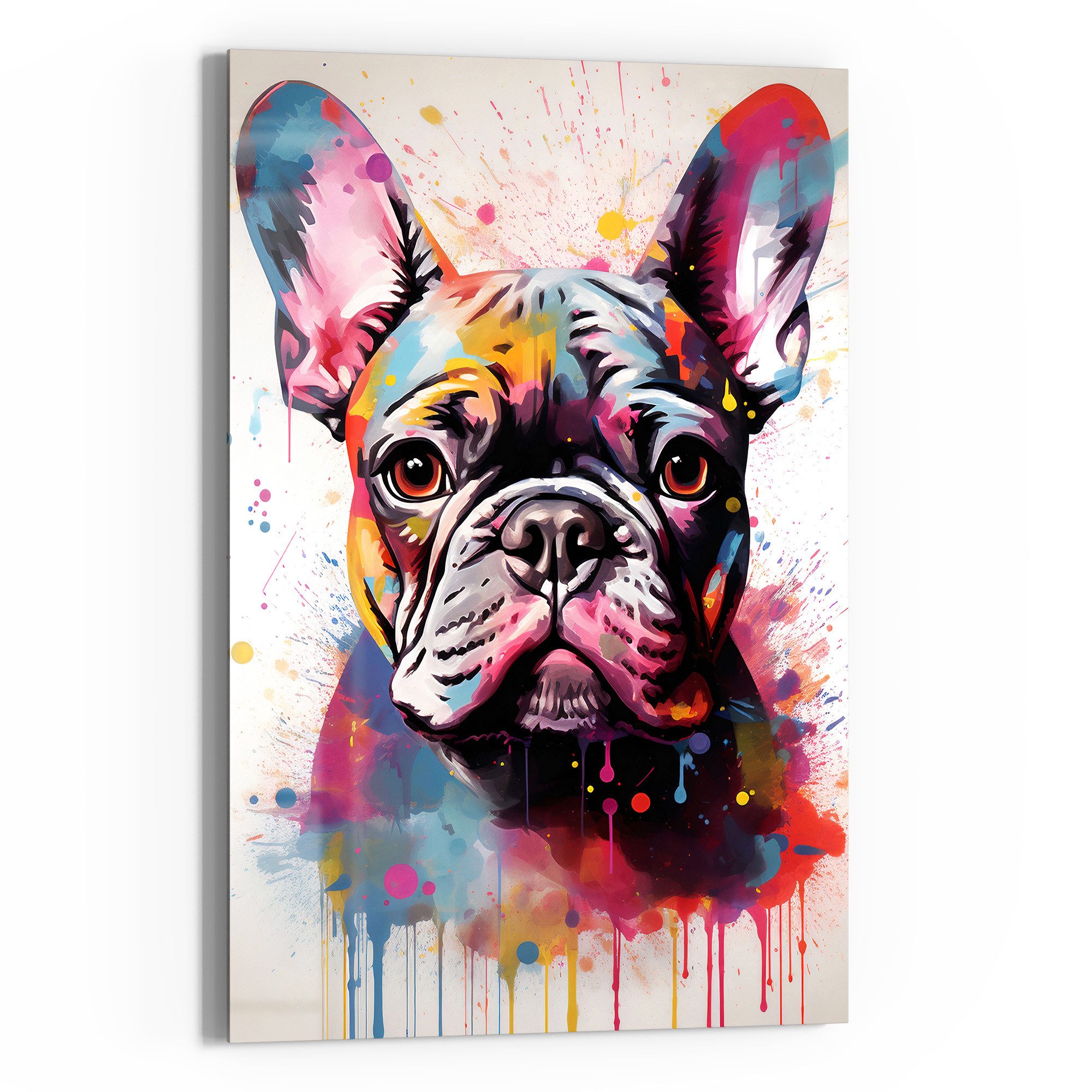 DEQOART Glasbild 'Bunter Frenchie', 'Bunter Frenchie', Glas Wandbild Bild schwebend modern