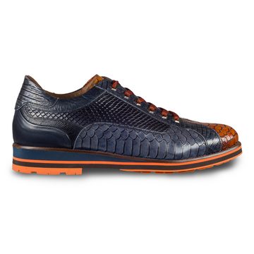Lorenzi Herren Leder-Sneaker in blau / braun mit Reptil-Prägung Sneaker Handgefertigt in Italien