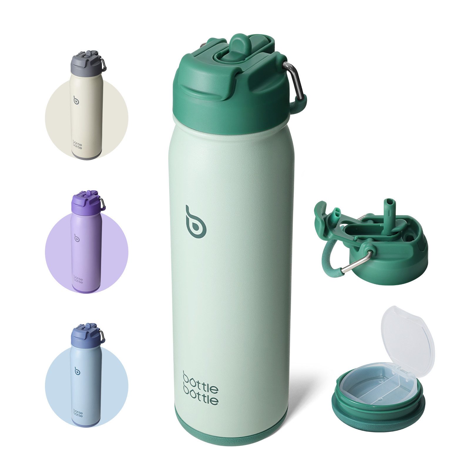BOTTLE BOTTLE Trinkflasche Edelstahl Trinkflasche 24oz(709ml) mit Strohhalm Griff und Pillenfach, für Outdoor Schule, isolierte sportflasche