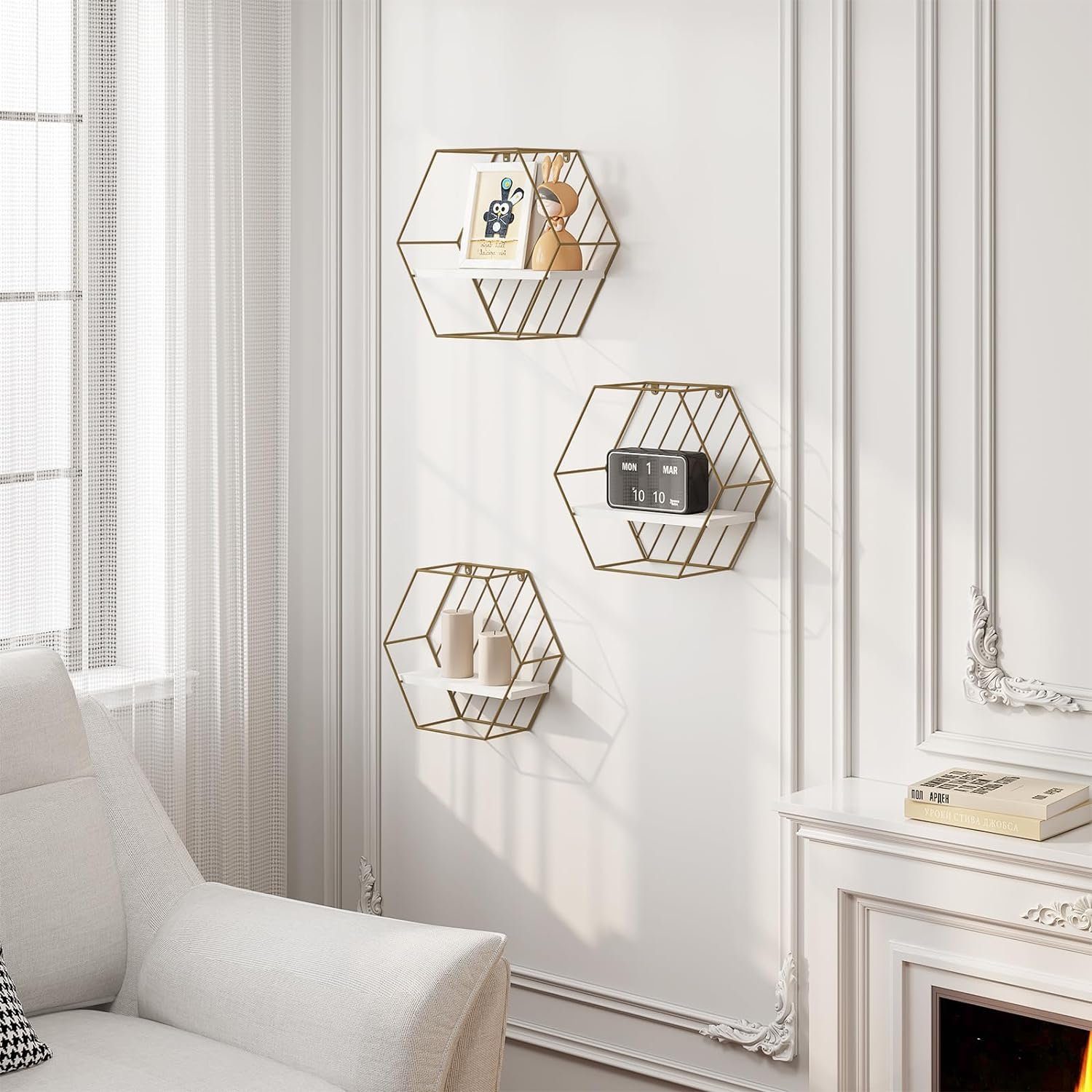 EUGAD Wandregal, 3-tlg., Hexagon Regal Wand, Weiß Golden, Metallrahmen günstig online kaufen