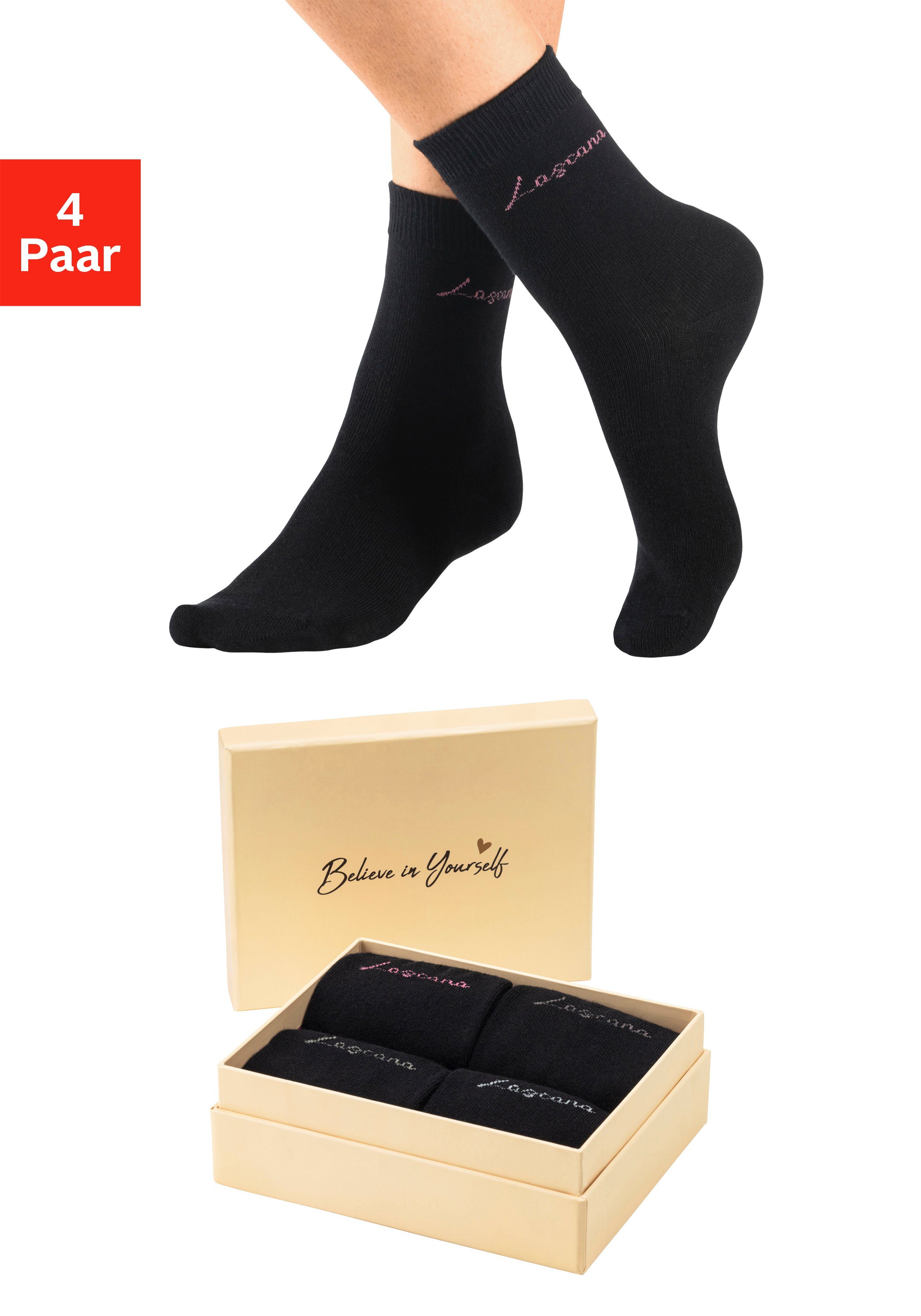 LASCANA Basicsocken Believe in Yourself (Box, 4-Paar) in ansprechender Geschenkbox