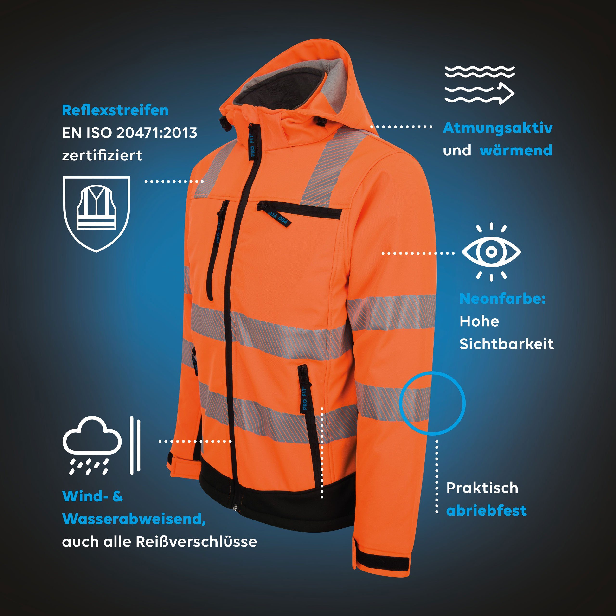 Stück) & FIT Warnschutz-Softshelljacke (1, PRO Fitzner Arbeitsjacke Winter Neonorange/Schwarz Wind- Reflektionsstreifen, by Steppfutter, Wasserabweisend, Atmungsaktiv