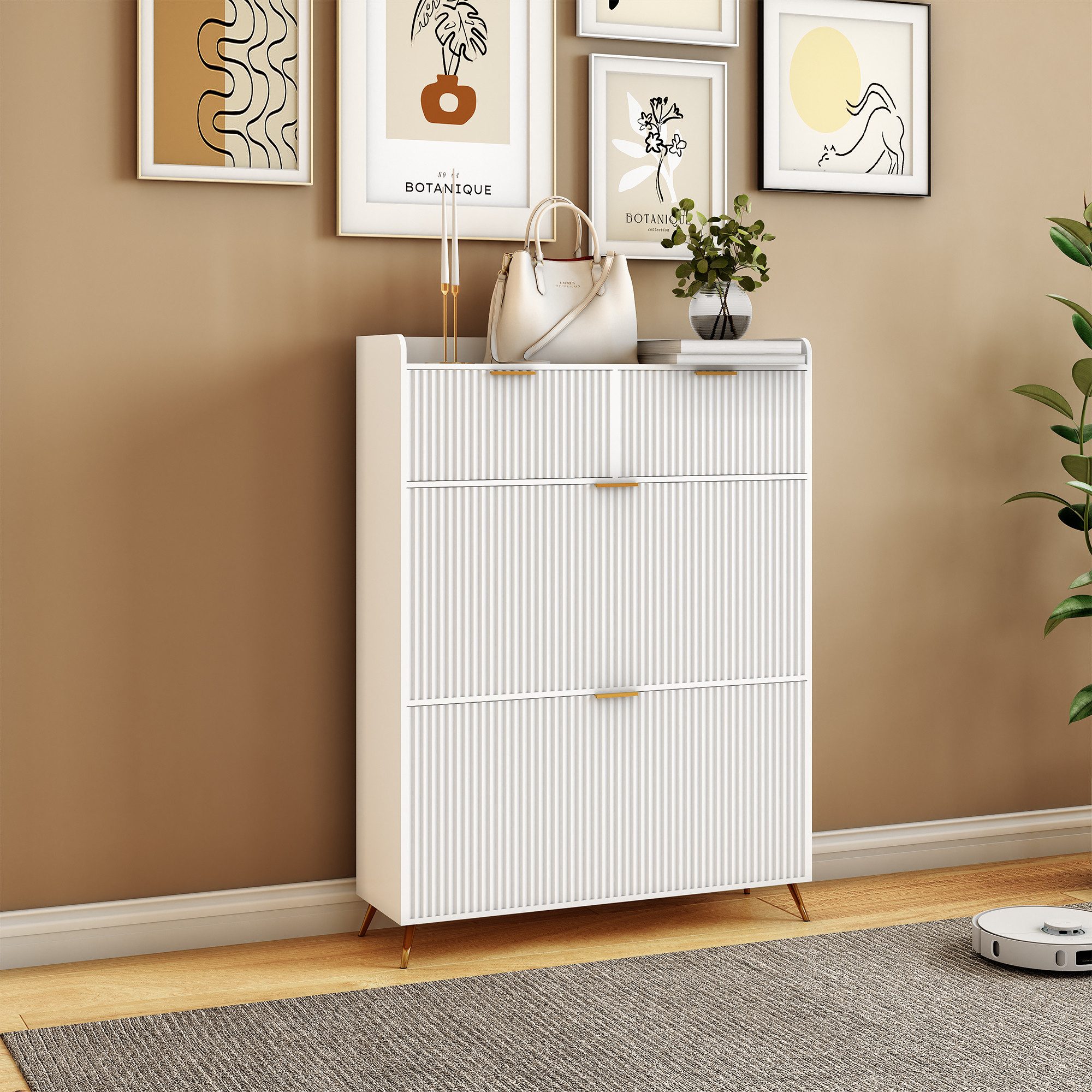 PXloue Schuhschrank mit 2 Klappen Schuhregal Schukipper( mit Kippsicherung)  (mit 2 Schubladen) Schuhkommode im Flur Diele,Trennwand verstellbar, 110x24x80 cm