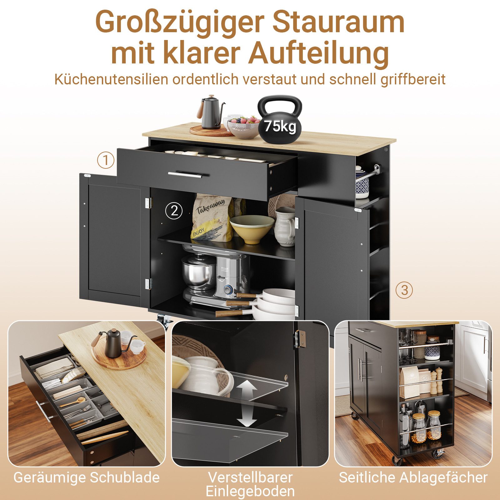 SoBuy Küchenwagen FKW108, Kücheninsel mit Arbeitsplatte, Sideboard freistehend, mit Arbeitsplatte, Servierwagen auf Rollen, Küchenschrank Esszimmer – Bild 3 von 5