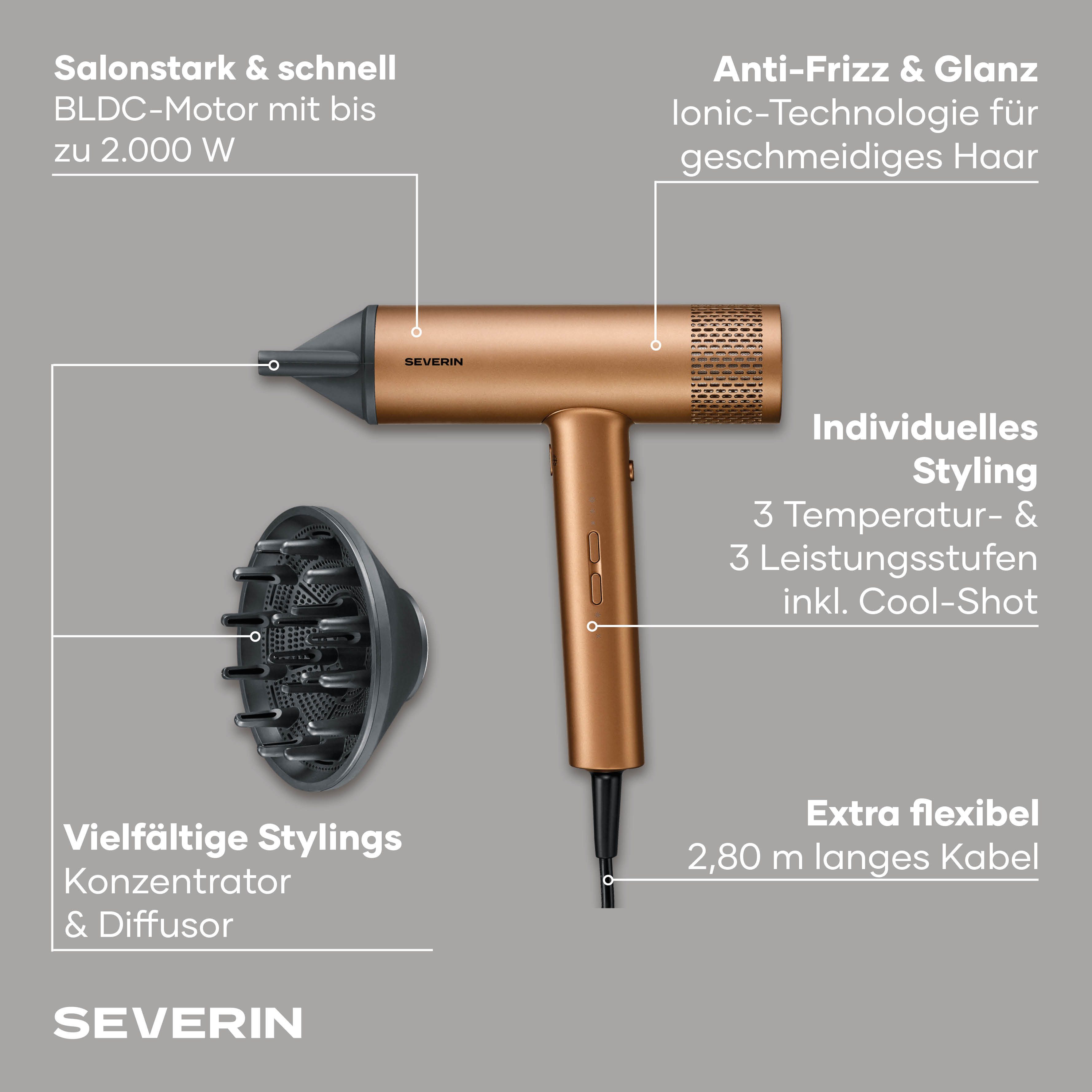 Severin Haartrockner S-Style Speed Pro, HT 0172, Ionen-Föhn mit Anti-Frizz inkl. Konzentrator & Diffusor, 2000W, bronze