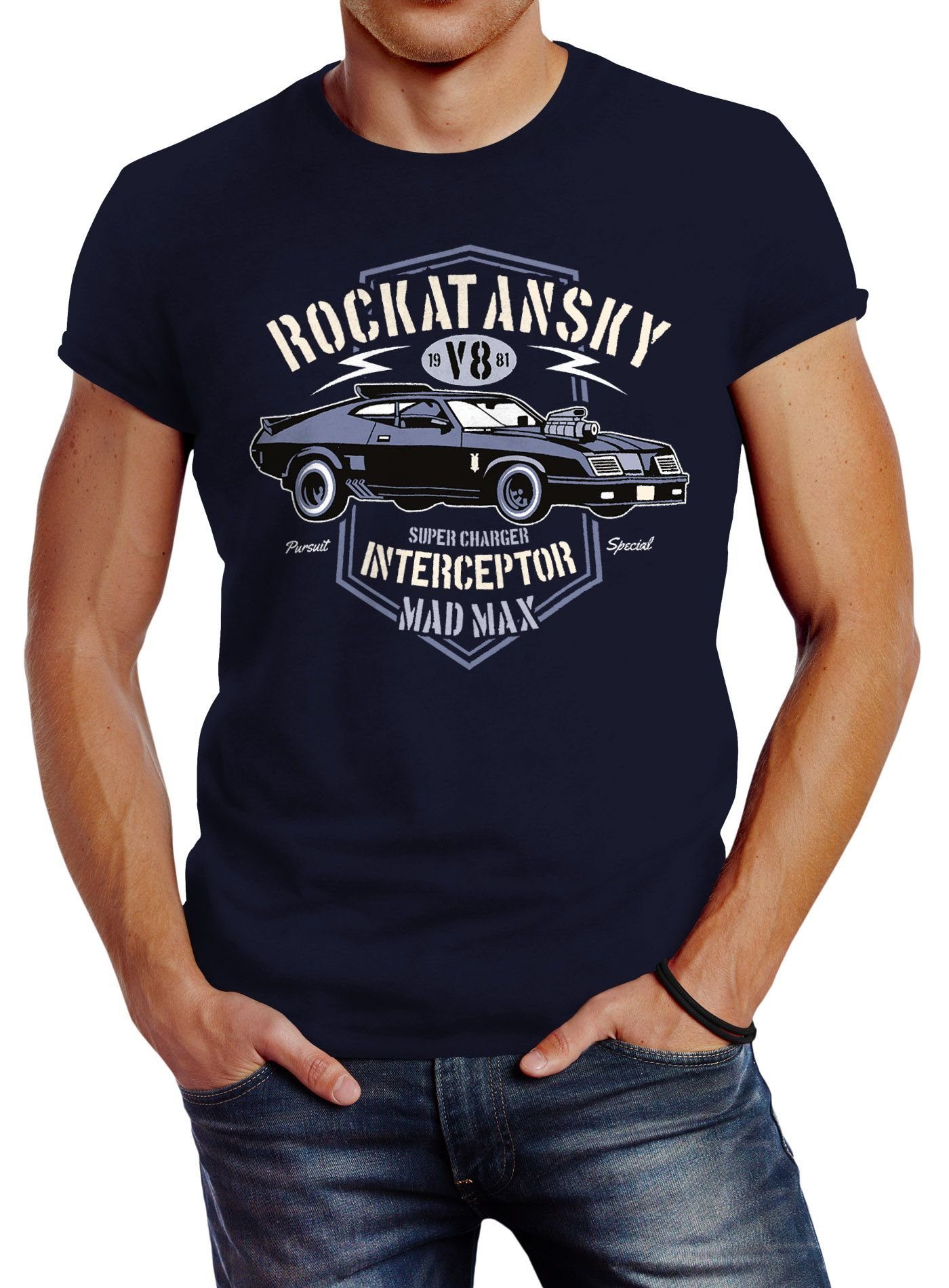 Car mit Herren navy Rockatansky Print-Shirt Slim T-Shirt V8 Interceptor Fit Print Neverless® Neverless
