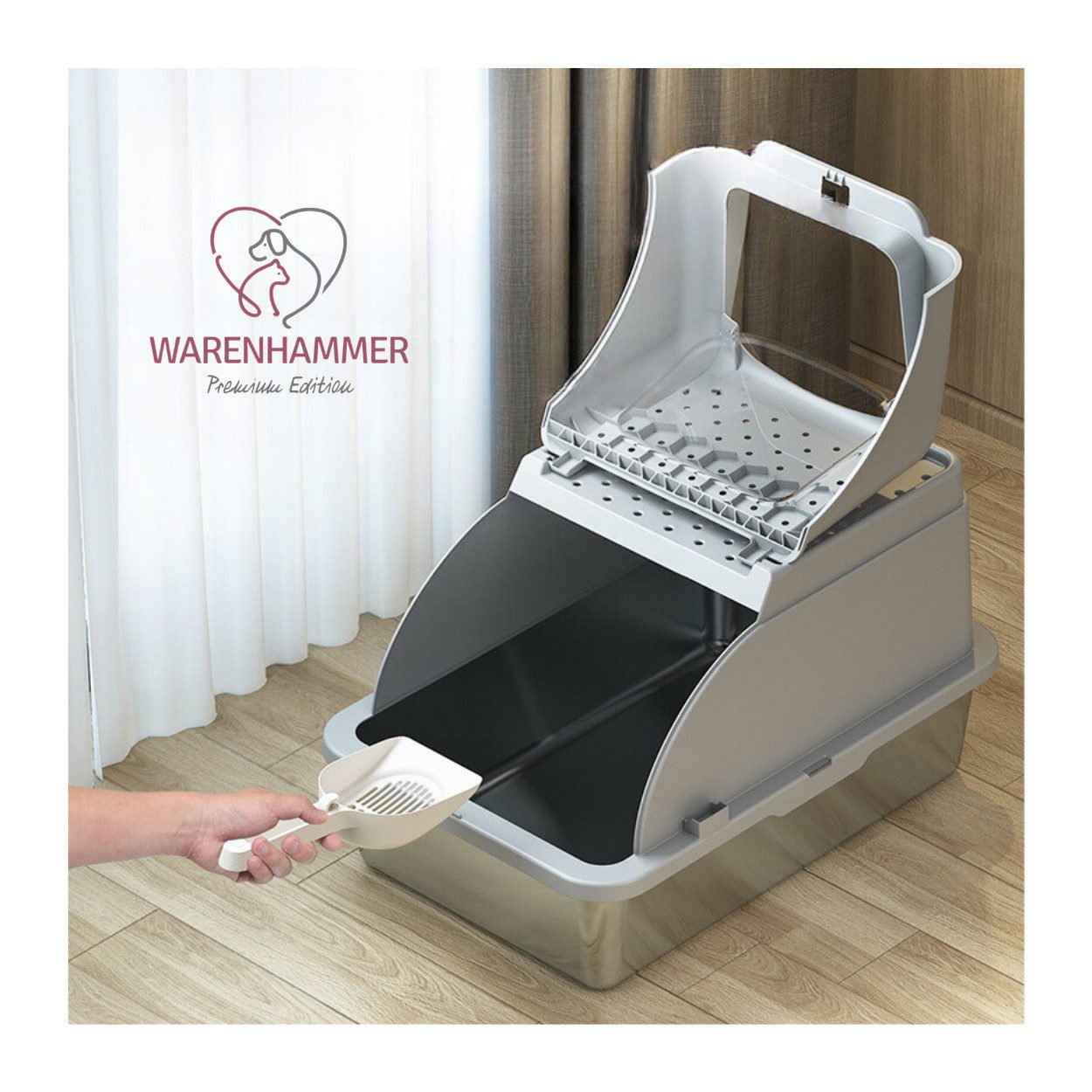 Warenhammer Katzentoilette Katzenklo XXL Premium - Edelstahl mit Deckel - große Frontöffnung, B x L x H : 62 x 41 x 40 cm