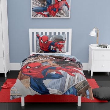 Kinderbettwäsche Spiderman Blau für Jungen 135x200 80x80cm aus 100% Baumwolle, Familando, Biber, 2 teilig, mit Wendemotiv Spiderman in rot, weiß und schwarz