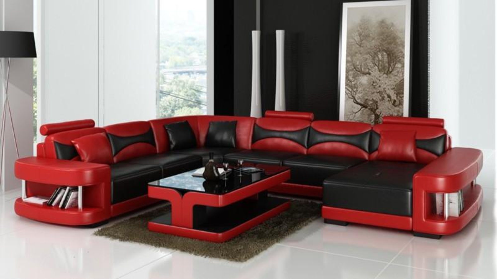 JVmoebel Ecksofa XXL Wohnlandschaft U Form Ecksofa Sofa Couch Polster Leder Sofas, Made in Europe Rot/Schwarz