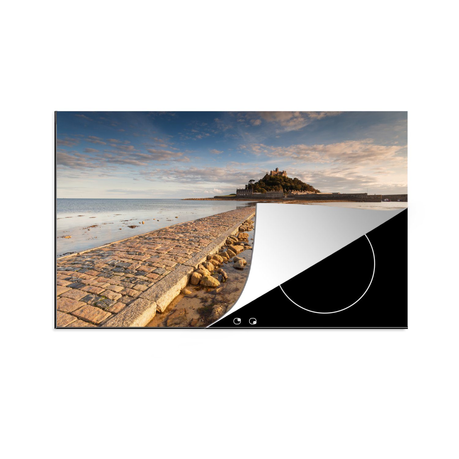 MuchoWow Herdblende-/Abdeckplatte Ein Pfad aus Felsen führt zu einer Insel in Cornwall, Vinyl, (1 tlg), 83x51 cm, Ceranfeldabdeckung, Arbeitsplatte für küche