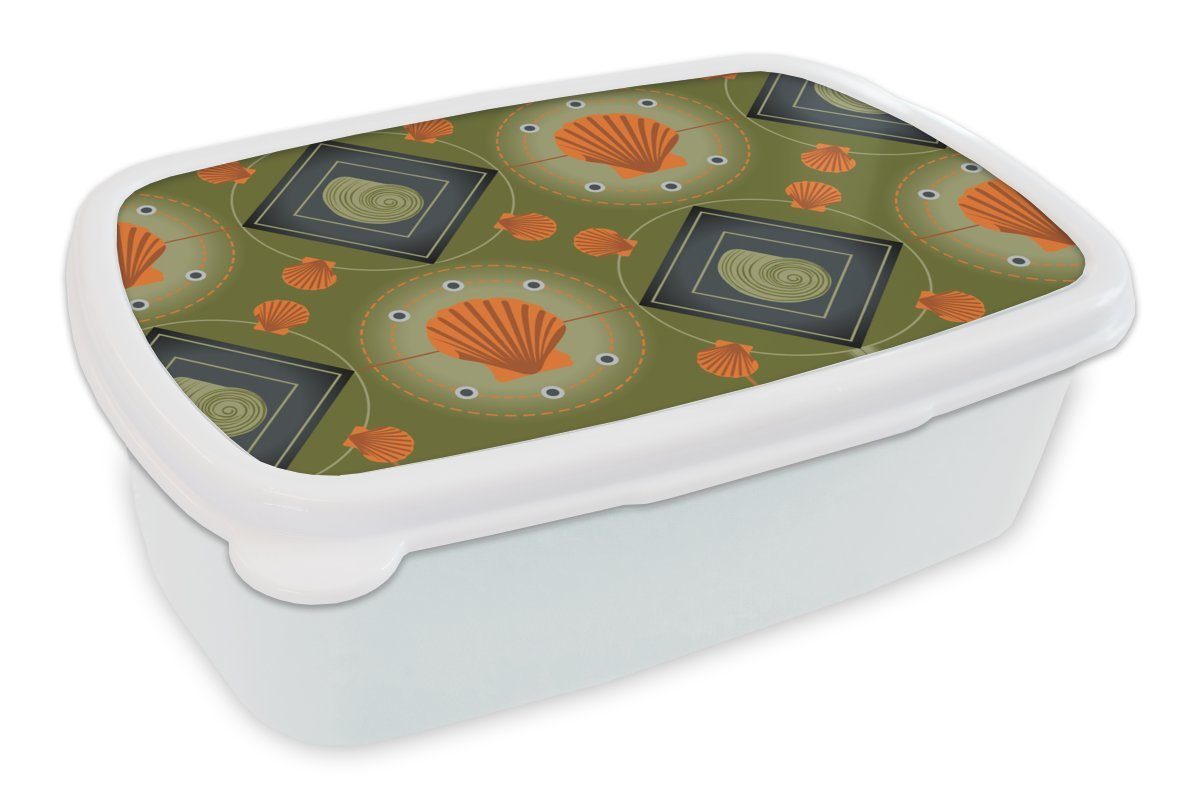MuchoWow Lunchbox Patchwork - Muscheln Kunststoff, Strand, Jungs Meer Kinder (2-tlg), für Erwachsene, - - und Brotbox Mädchen und weiß für Brotdose