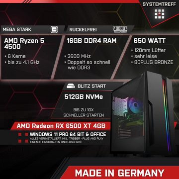 SYSTEMTREFF Basic Gaming-PC (AMD Ryzen 5 4500, Radeon RX 6500 XT, 16 GB RAM, 512 GB SSD, Luftkühlung, Windows 11, WLAN)