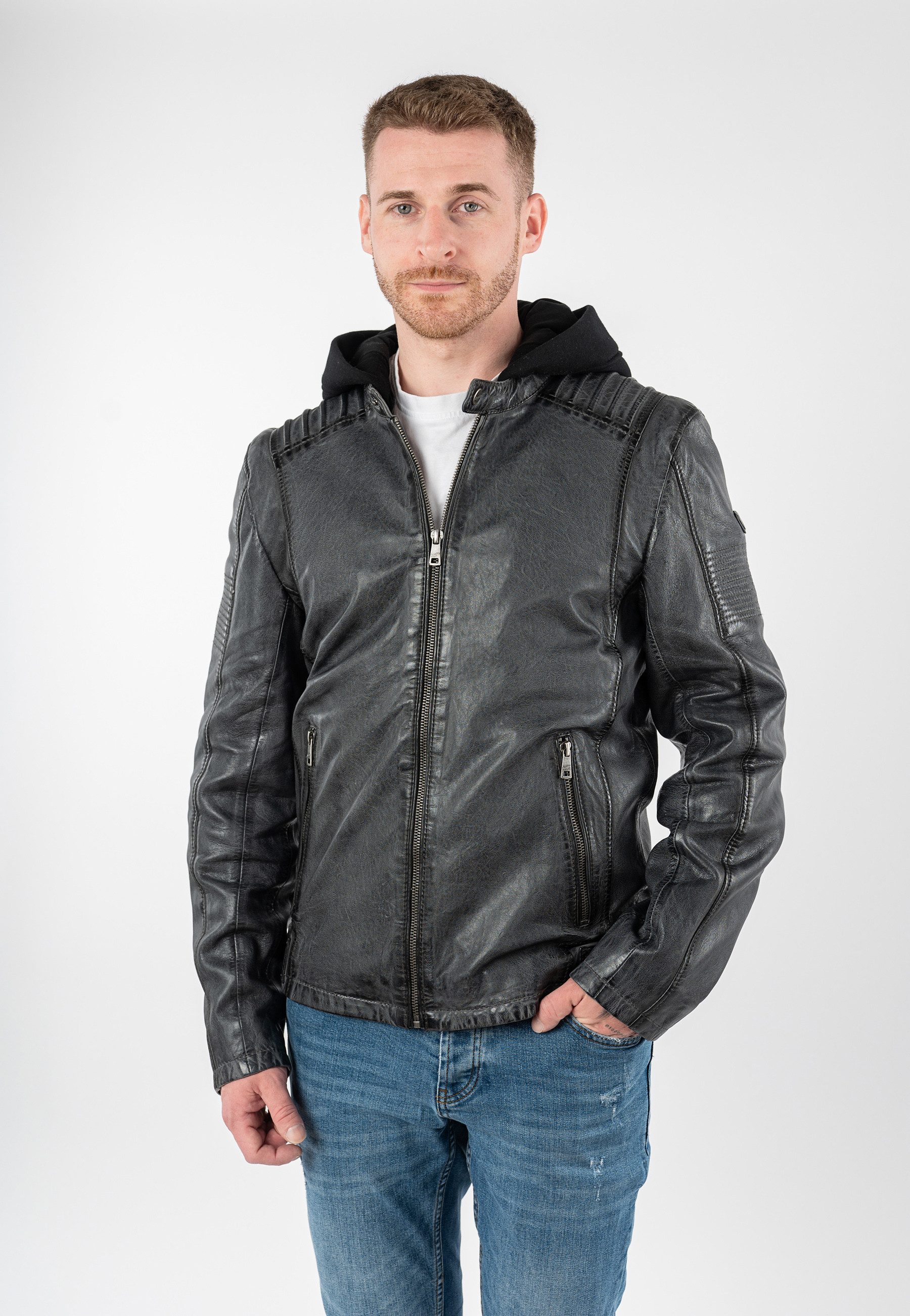 Mauritius Lederjacke MMHiran mit abnehmbarer Kapuze, Slim Fit