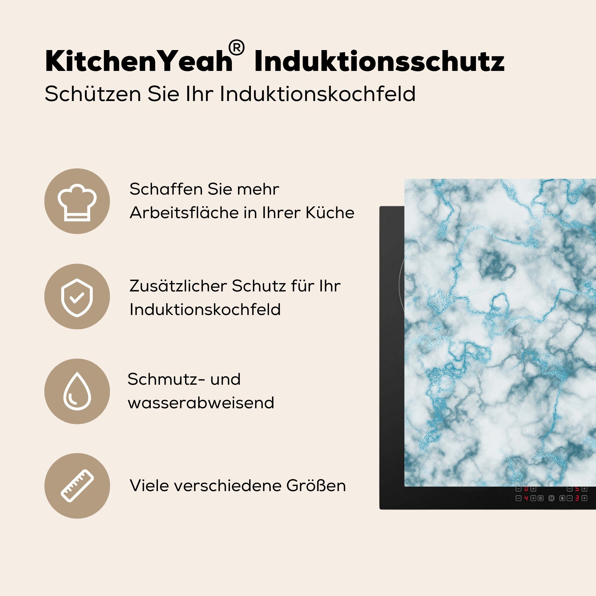 MuchoWow Herdblende-/Abdeckplatte Marmor - Blau Linie, 81x52 (1 Vinyl, cm, küche, die für tlg), - Ceranfeldabdeckung Schutz Induktionskochfeld