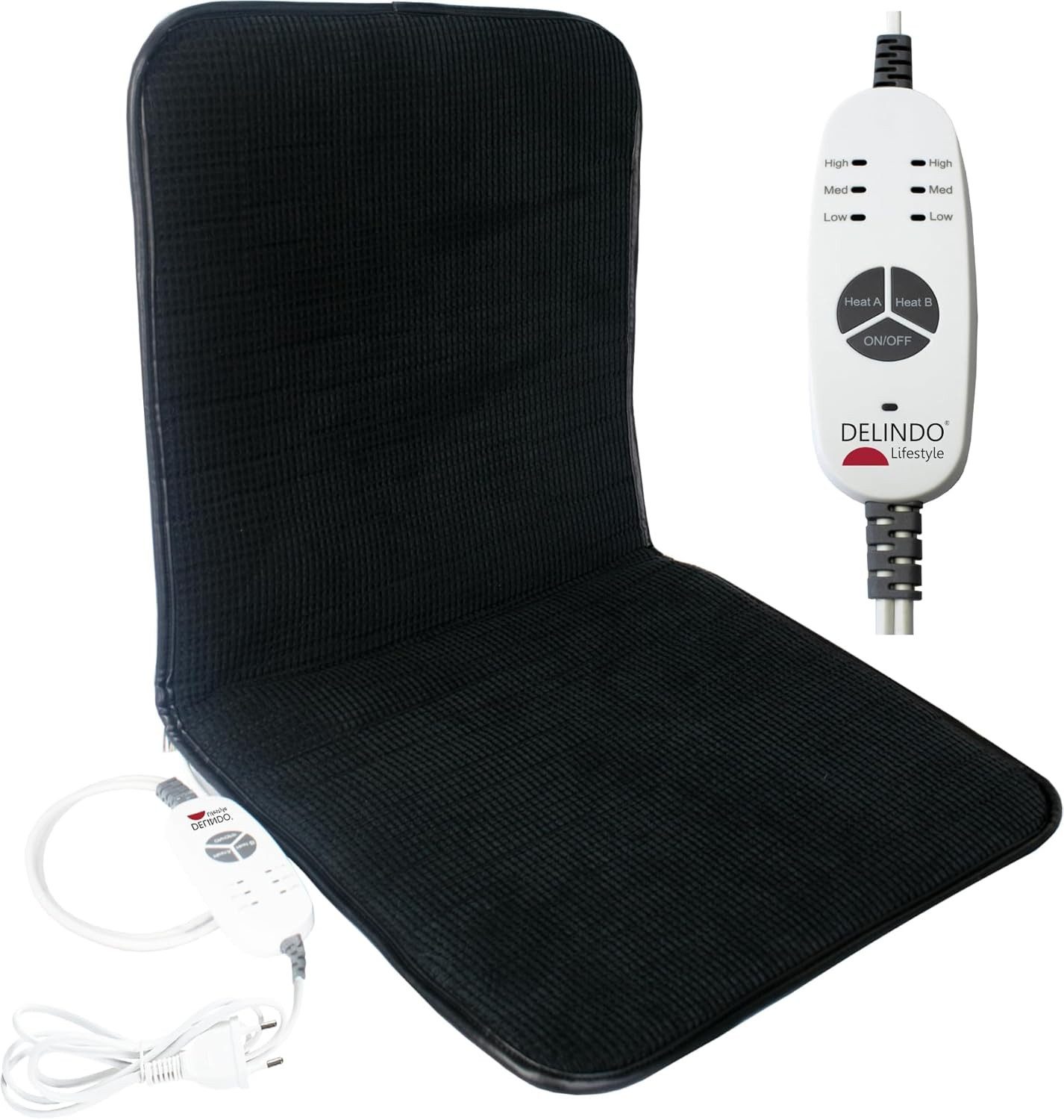 Delindo Lifestyle Beheizbare Sitzauflage für Bürostuhl, Stulkissen 43x94 cm, mit 3 Temperaturstufen, mit Abschaltautomatik, 2 Heizzonen