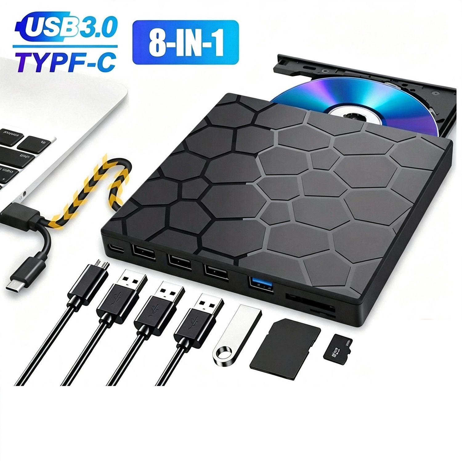 ibettertec Externes DVD Laufwerk, CD-Brenner mit 4 USB & 1 TF/SD-Steckplätze DVD-Brenner (Optical External DVD Drive für Laptop, PC, Desktop, MacBook, iMac)
