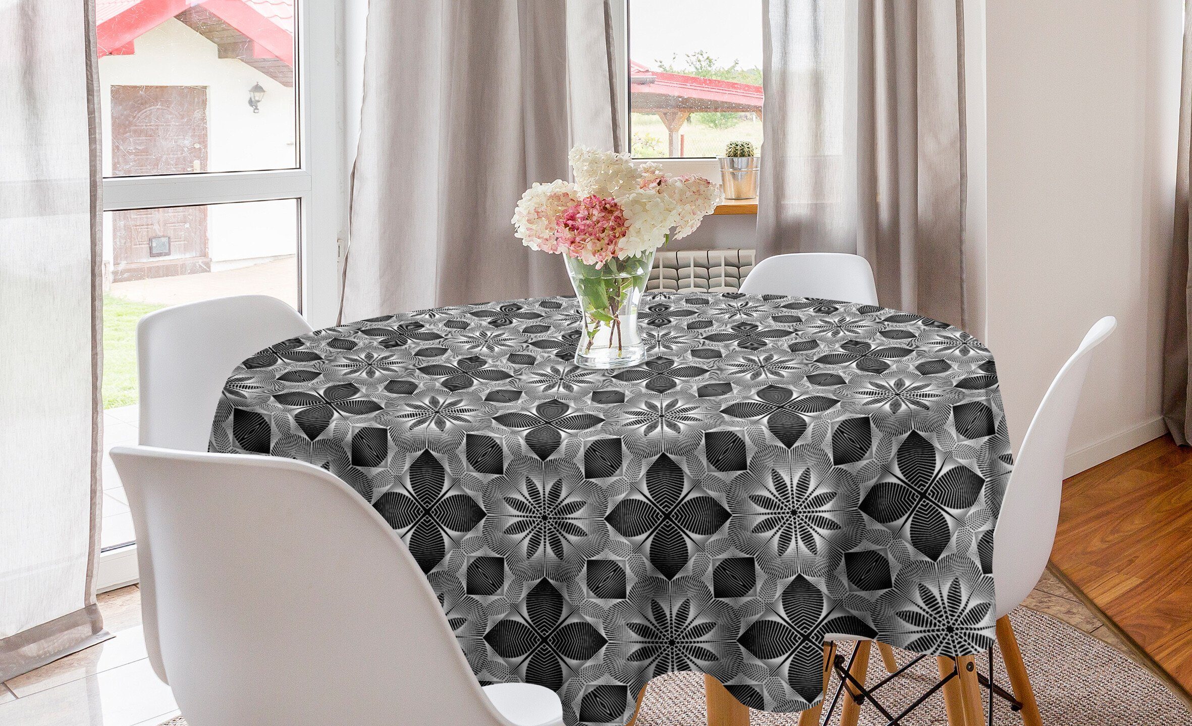 Abakuhaus Tischdecke Kreis Tischdecke Abdeckung für Esszimmer Küche Dekoration, Gitter Schraffieren geometrische Blumen