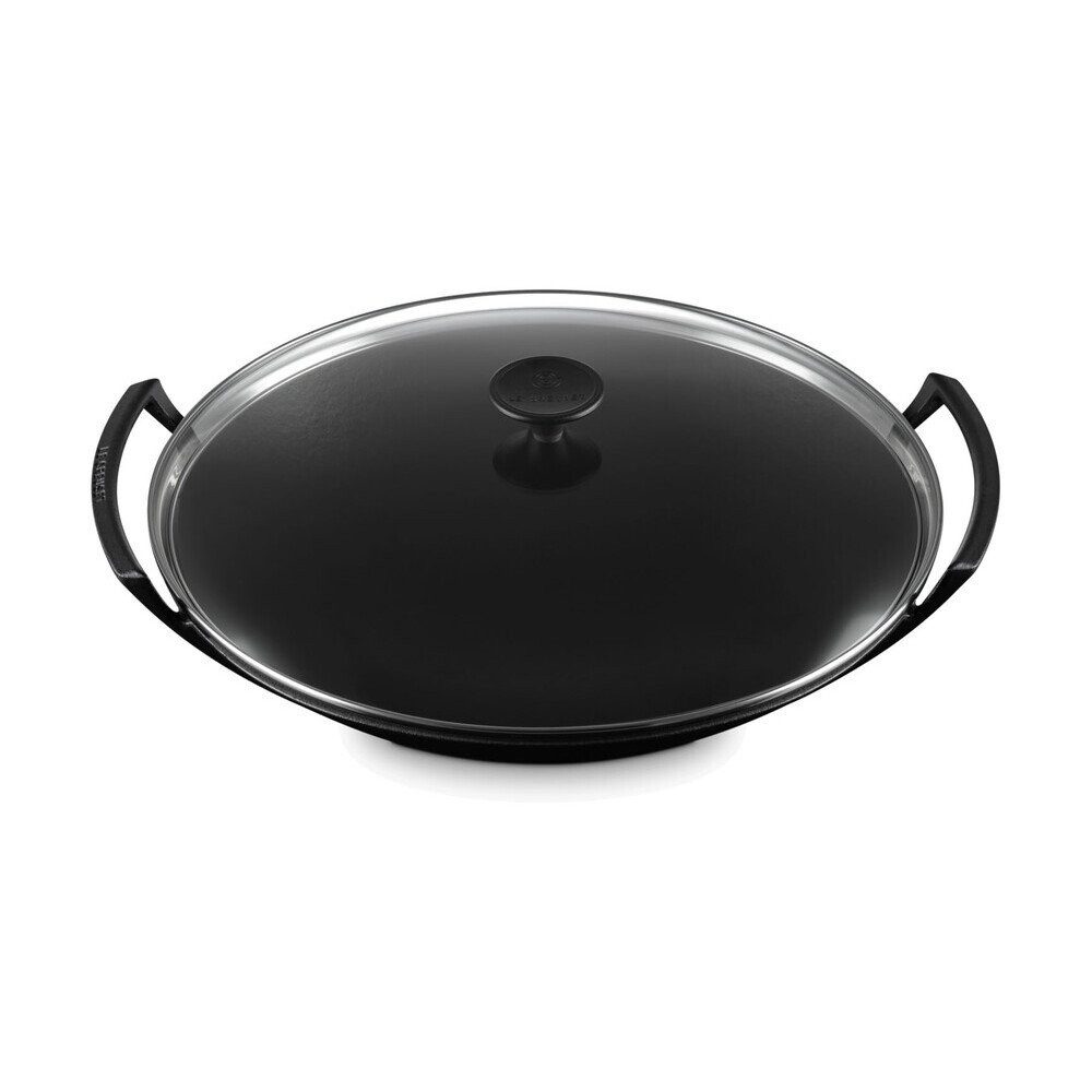 LE CREUSET Wok Wok mit Glasdeckel 36 cm Schwarz, 4,5l, Gusseisen, emailliert, schwarz, Handreinigung, backofengeeignet