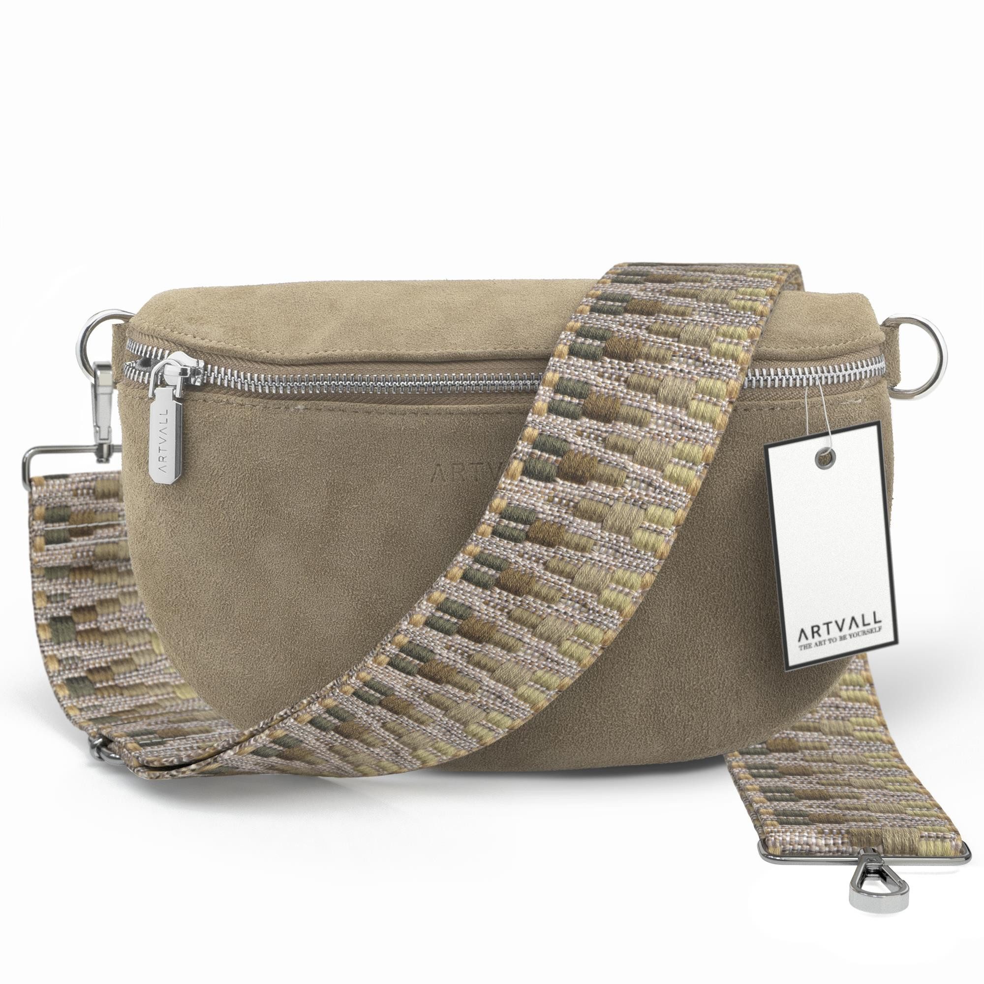 ARTVALL Umhängetasche Wildleder Handtasche Brusttasche Crossbody Beige, Wildleder Bauchtasche mit Reißverschluss breites Schulterband Klein