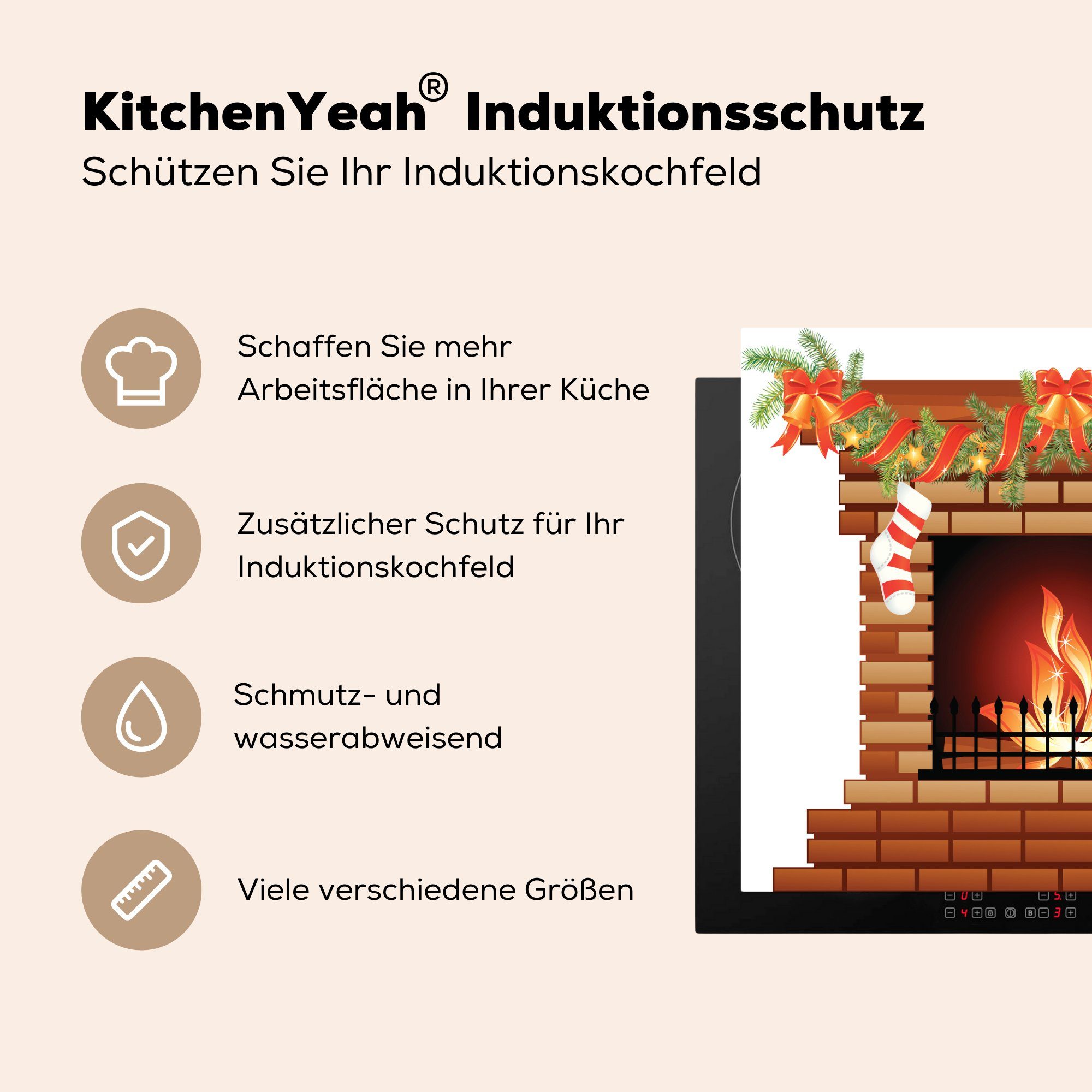 Ceranfeldabdeckung mit (1 60x52 Arbeitsfläche Herdblende-/Abdeckplatte Illustration eines Vinyl, nutzbar, Kamins cm, Eine MuchoWow Mobile Weihnachtsschmuck, tlg),