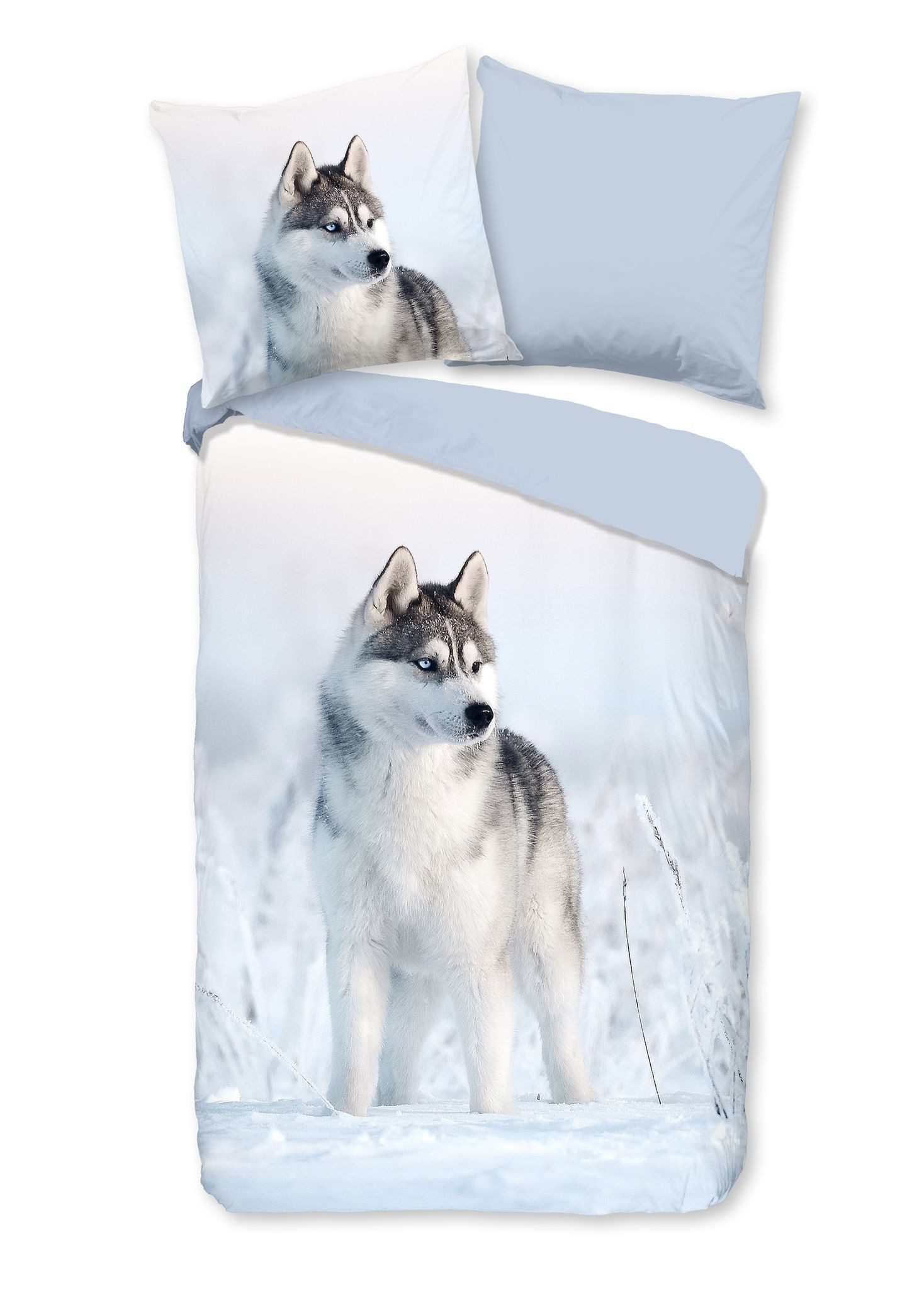 JACK Bettwäsche 135x200cm Arctic Dreams Husky Blue Eyes, Renforcé, 2 teilig, in einer wunderschönen Winterlandschaft