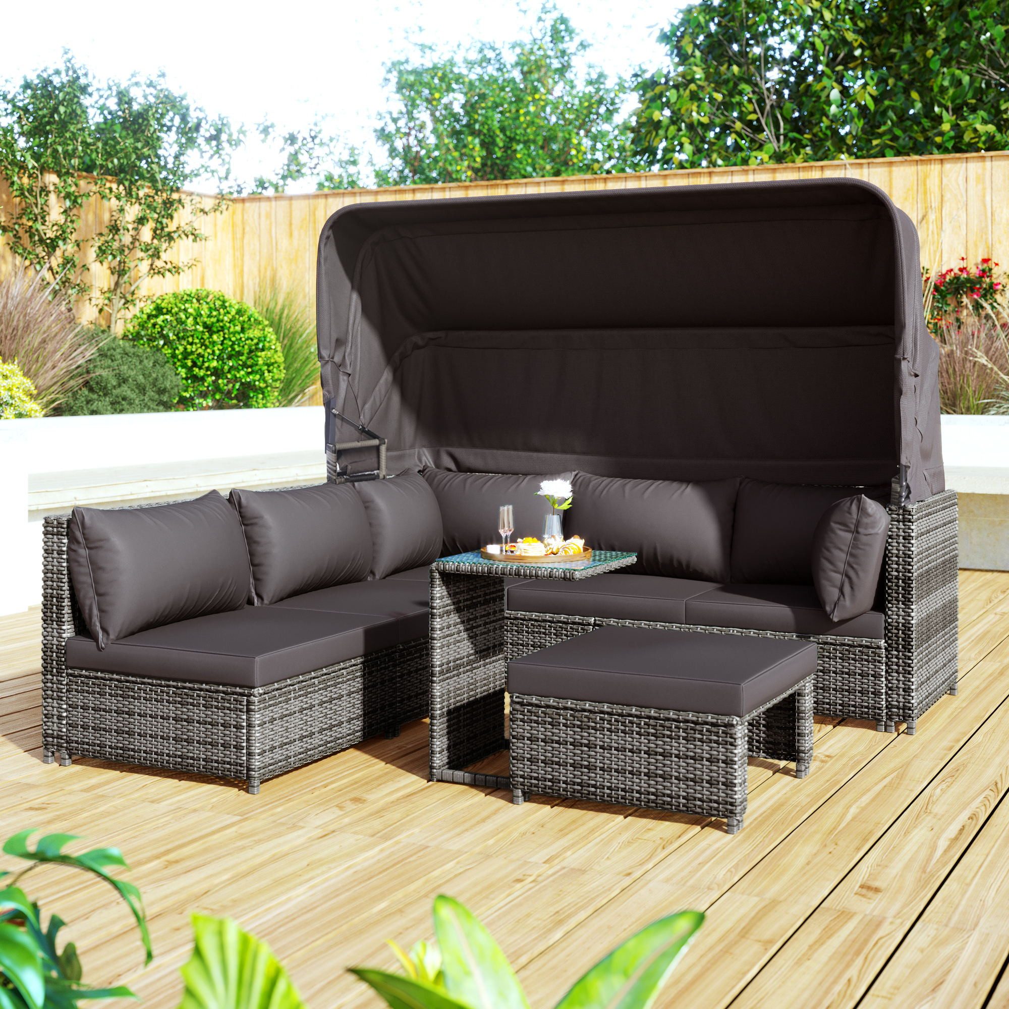 Celya Loungeset Gartenlounge-SetRattan Sonneninsel Sitzgruppe mit Sonnendach, (Sofa mit Sonnendach, Hocker, Sesseln und Tisch, Terrassenmöbel, wetterfest, grau), Outdoor Gartenmöbel, Loungemöbel Balkon und Garten