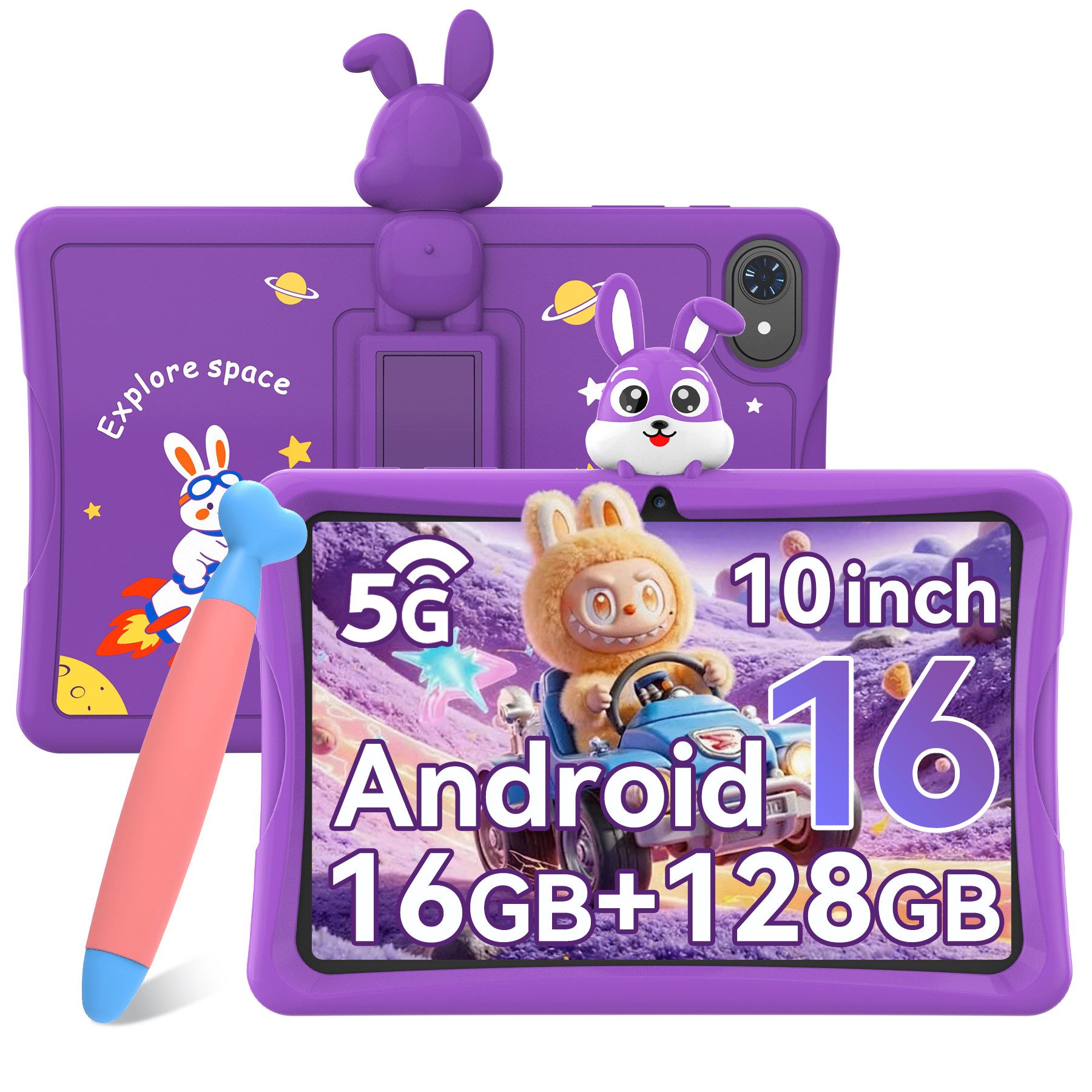 TABWEE 10" kinder tablet Android15 mit Hülle, Stift Tablet (10.1", 64 GB, Android16, Google Kids Space, 5G wifi, Android 15, Gemini AI, mit Stift)