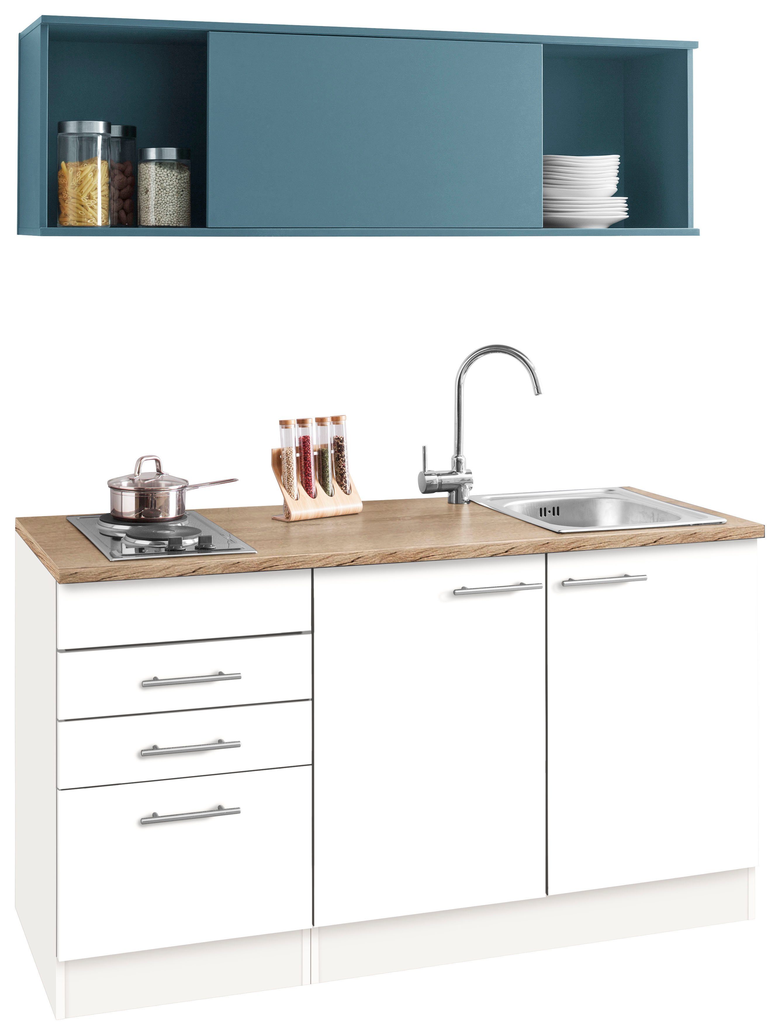 OPTIFIT Küchenzeile Mini, mit E-Geräten, | cm 150 Breite weiß weiß/blau/wildeichefarben