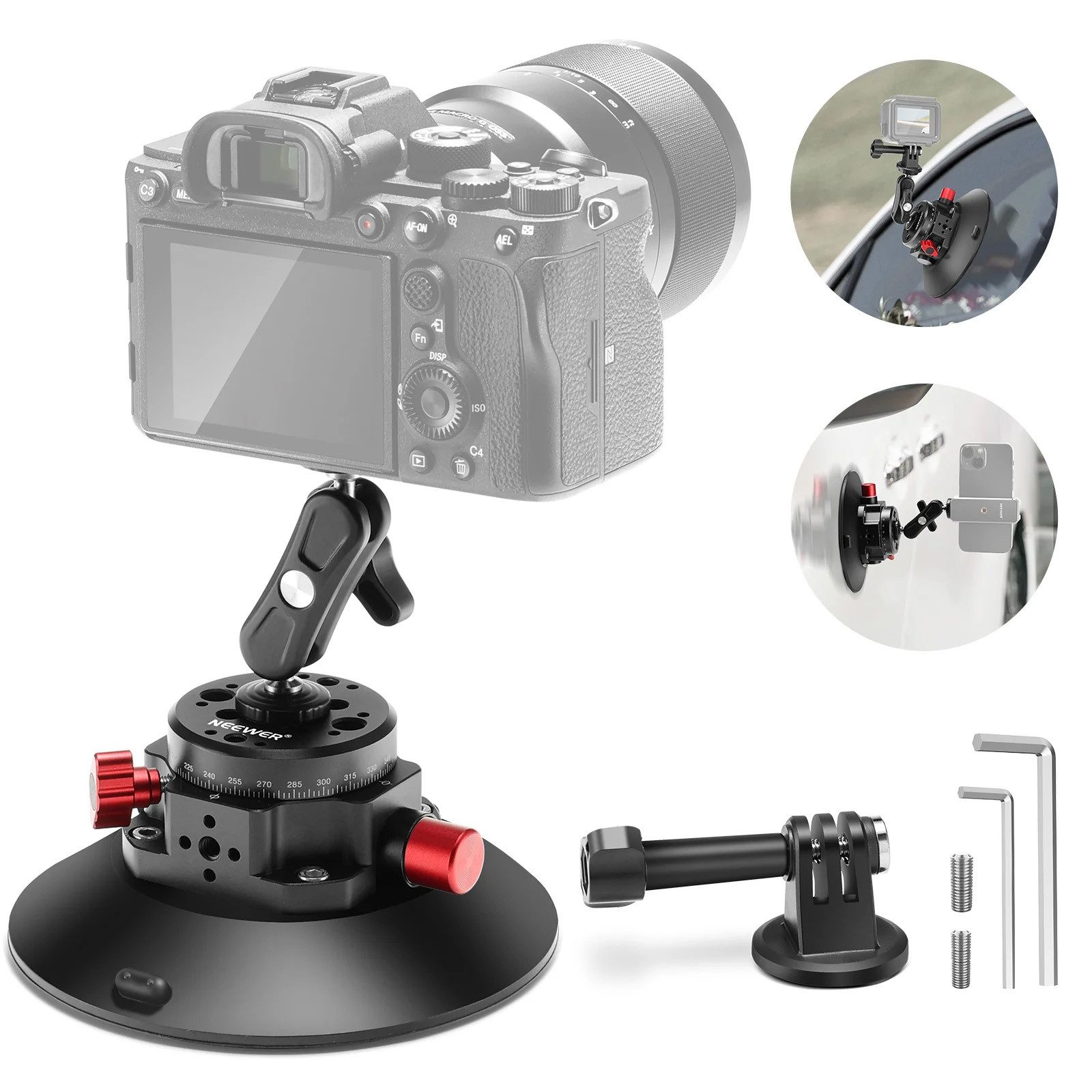 Neewer Action Cam-Halterung CA013 Auto Saugnapfhalterung für Actioncams & Smartphones, (Packung, Farbe:schwarz, Grundfarbe:schwarz, Höhe: 66mm)
