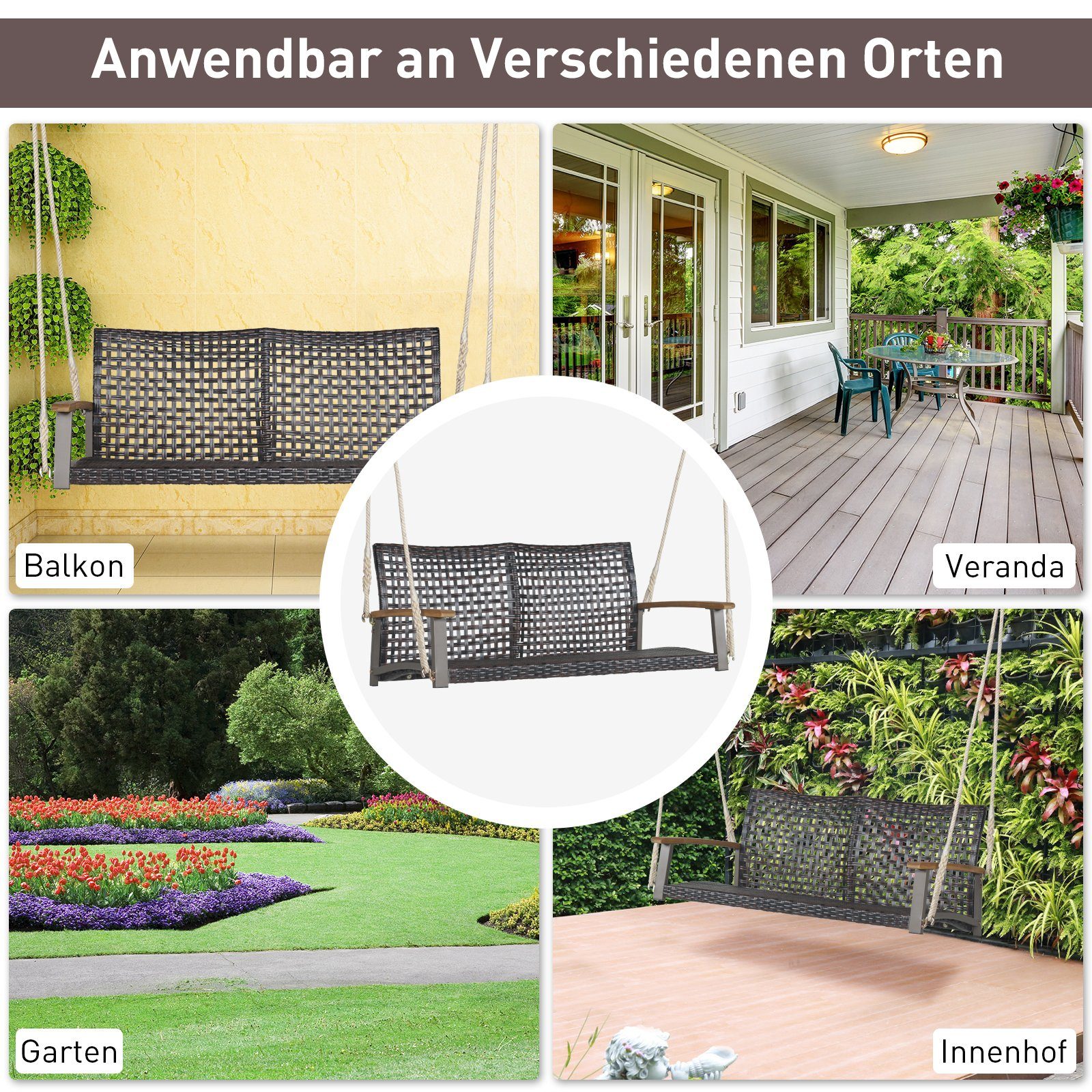 COSTWAY Hollywoodschaukel, 2-Sitzer, Gartenbank hängend, Rattan, 360 kg 120cm