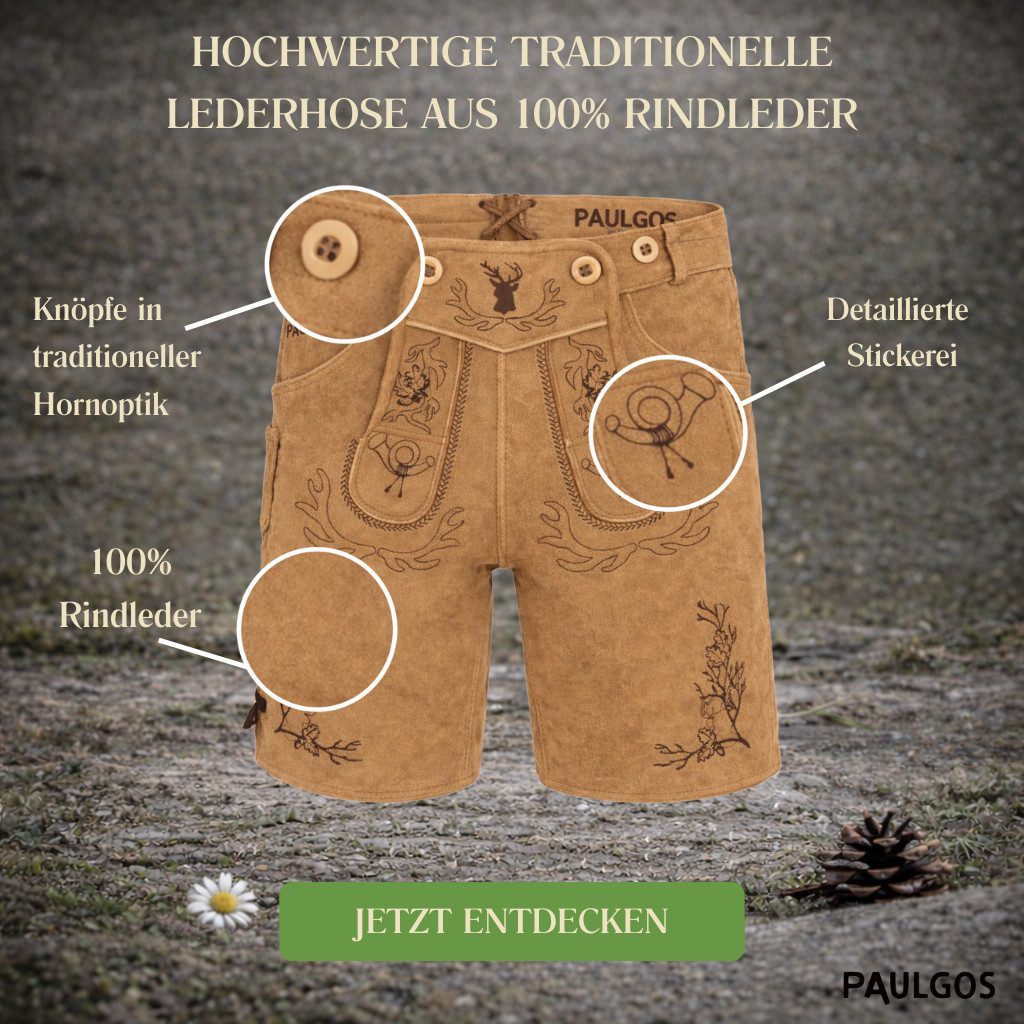 PAULGOS Trachtenhose Herren Lederhose Kurz mit Trägern 100% Echtleder - HK3