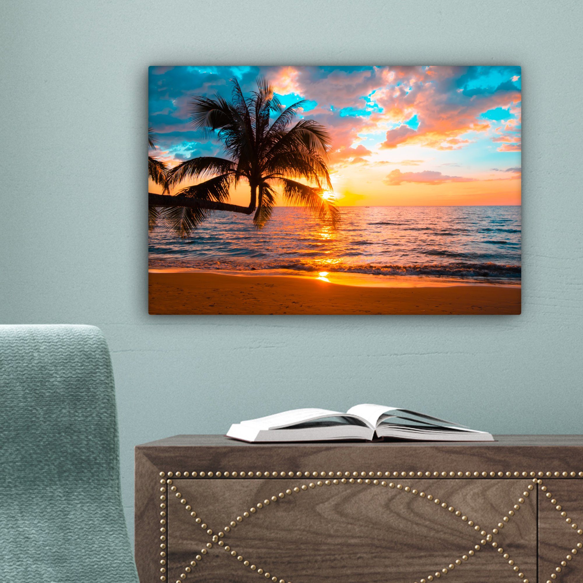 OneMillionCanvasses® Leinwandbild Palme - Sonnenuntergang - Horizont - Strand - Meer - Tropisch, Fotodruck (1 St), Leinwand Bilder Klein, Wand Dekoration Aesthetic 30x20 cm