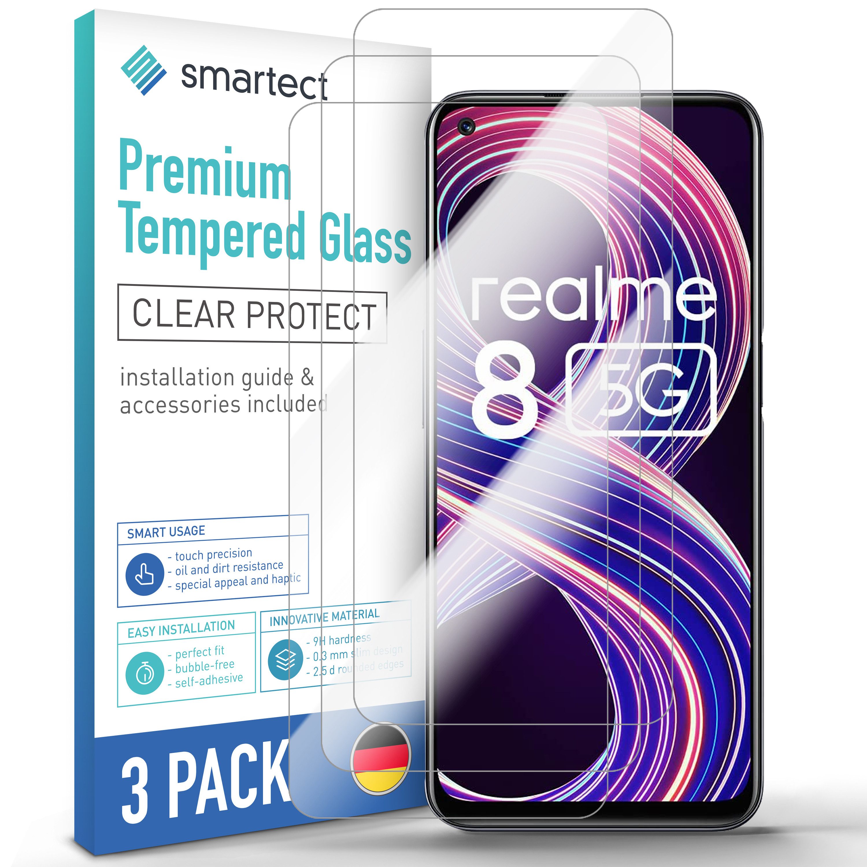 smartect Displayschutzglas 3X Schutzglas Panzerfolie Klar für Realme 8 5G für Realme 8 5G, Set, 3 Stück, 0.3 mm Ultra-klar, 9H Härte, Kratzfest, Stoßfest, Blasenfrei, Oleophob