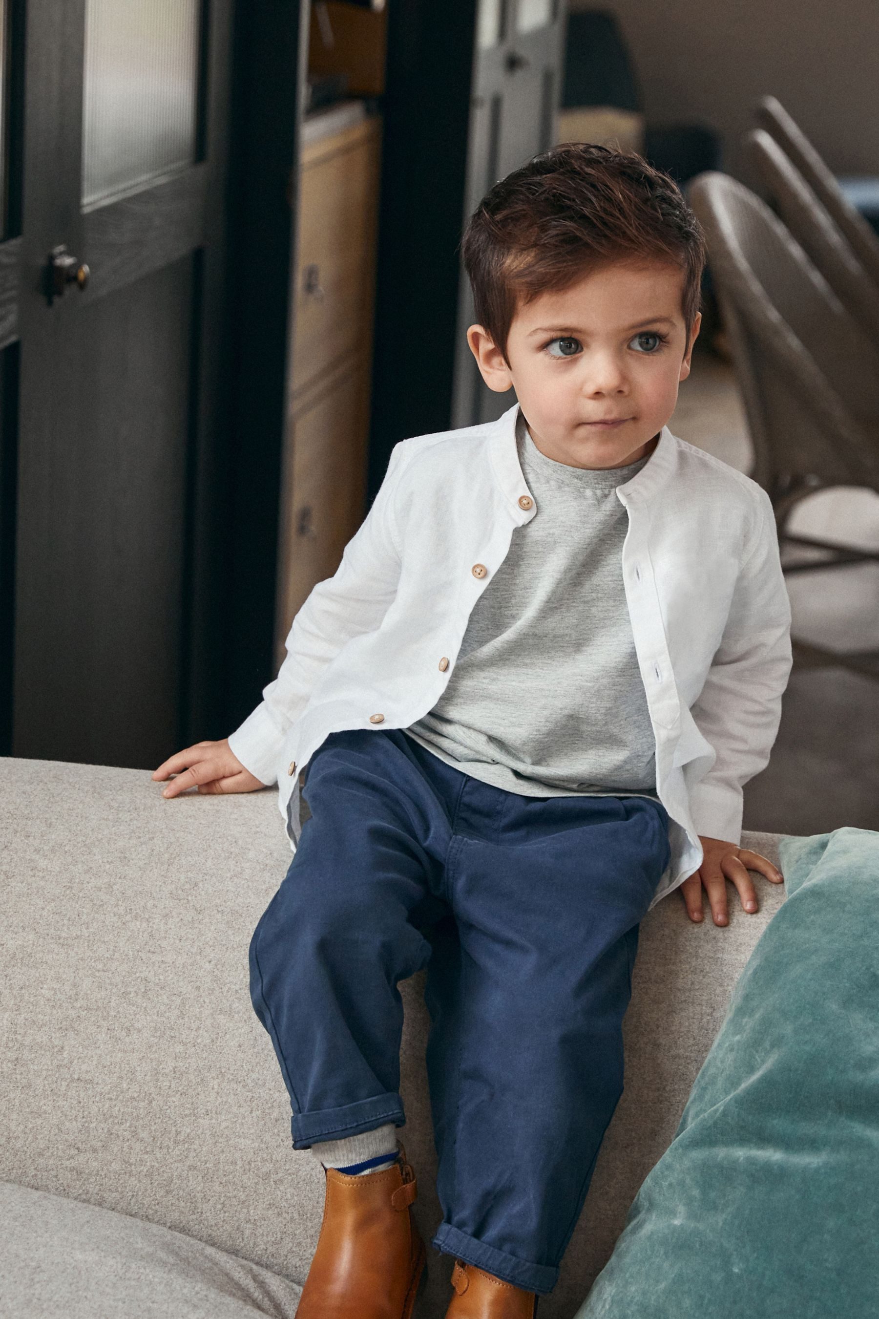 Next Jeanshemd Hemd aus Leinenmischgewebe mit Grandadkragen (1-tlg)