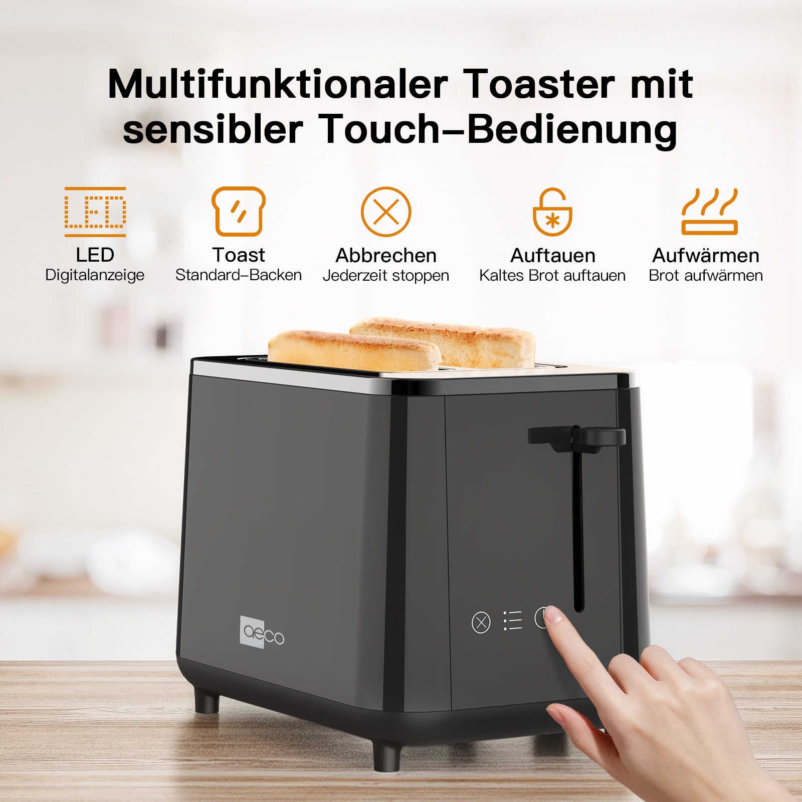 AECO Toaster toastlab PRO ToasterTouch Display, Zwei extra große Toastschlitze, für 2 Scheiben, 950 W, Zwei Toastschlitze,LED Touch-Buttons,6 Bräunungsstufen