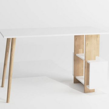 Moblix Schreibtisch MALIX Bürotisch, Computertisch, mit 4 Ablagen, 120x60x73 cm (Büromöbelstück, weißer Finish, Natur Holz)