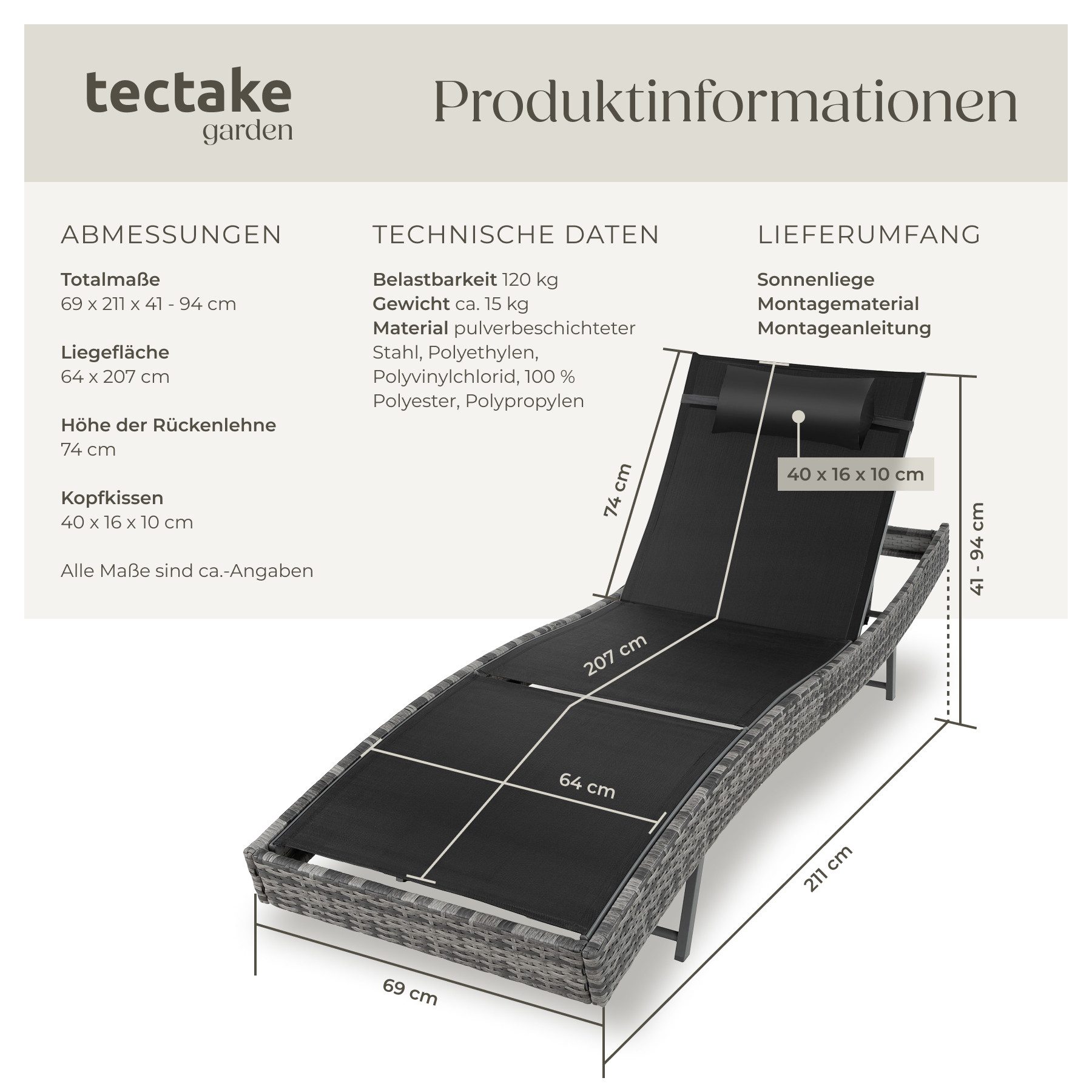 tectake Gartenliege Rattan Sonnenliege, 1 St., Moderne Sonnenliege mit sechsfach verstellbarer Rückenlehne