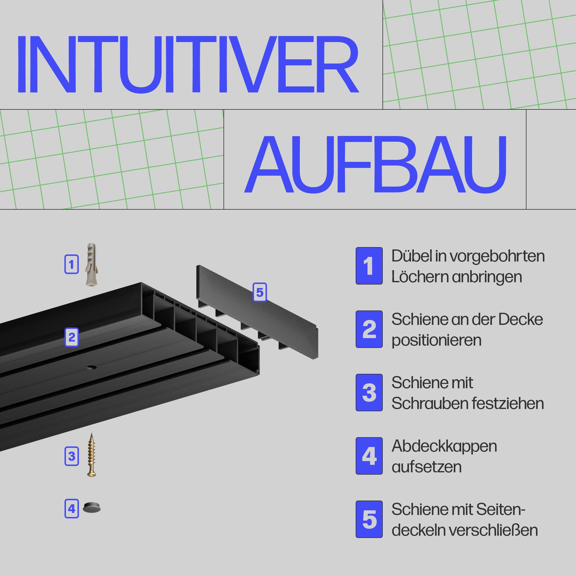 Bestlivings Gardinenschiene Komplettset montagefertig, 3-läufig, 90 cm, mit Bohren, verschraubt, Kunststoff, inkl. Befestigungsset, Schwarz, flach, kürzbar, Mad – Bild 4 von 5