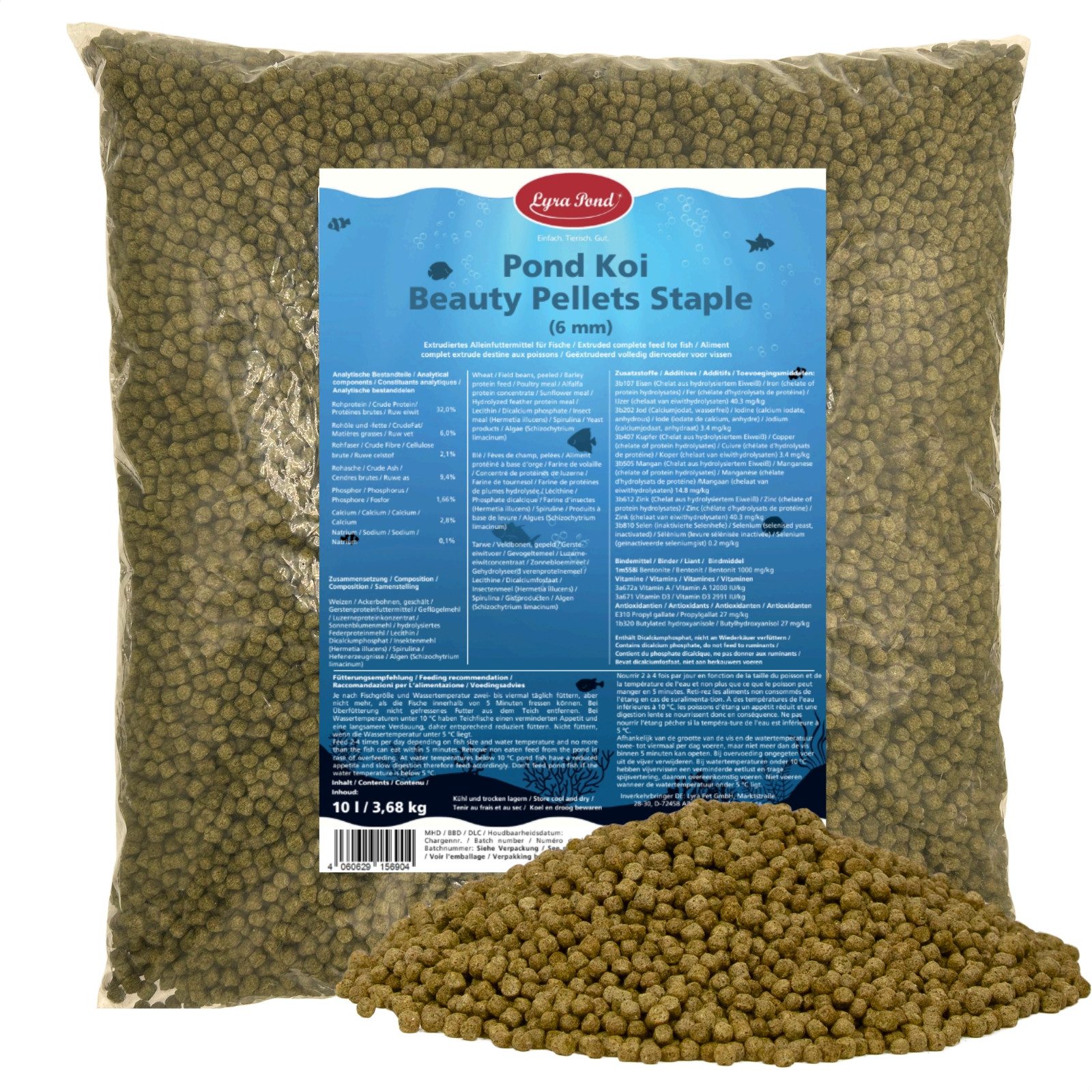 Lyra Pet 10 L (3,68 kg) Lyra Pond® Pond Koi Beauty Pellets Staple Teichfutter, Hauptfutter für: Fisch