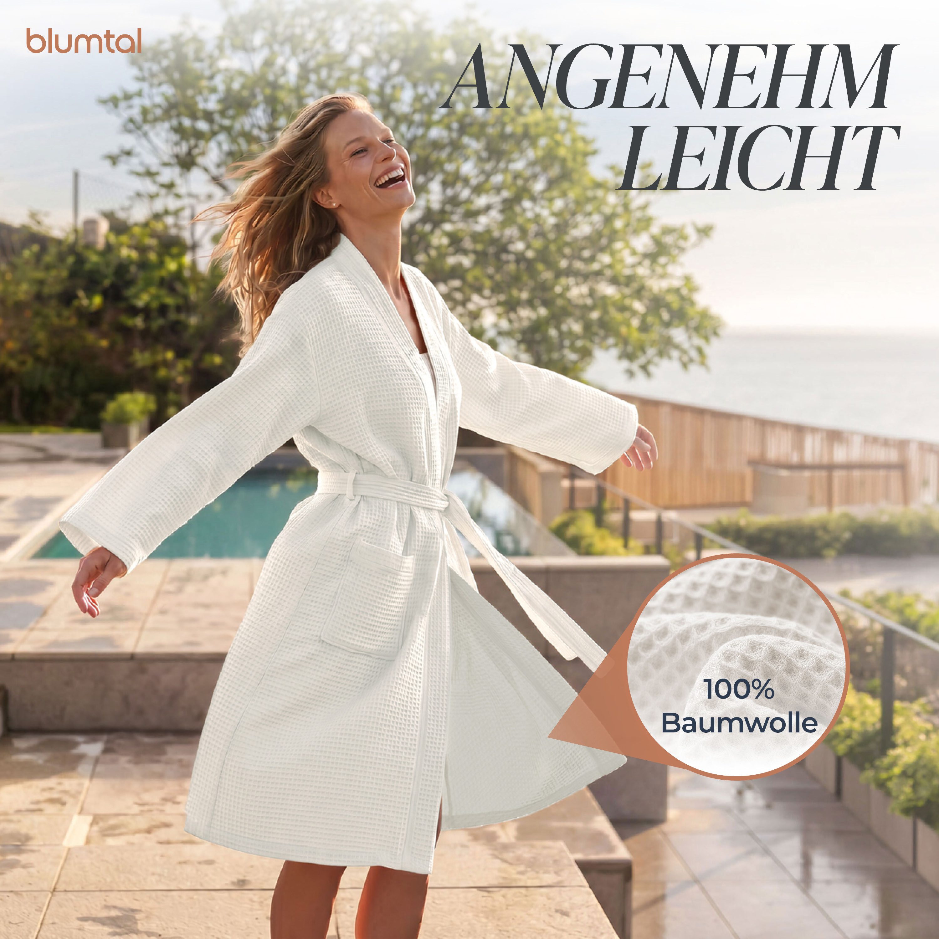 Blumtal Bademantel Waffelpique - Unisex Bademantel - Zertifizierter Bademantel, 2 Außentaschen, mit Reißverschlusstasche, Damen & Herren - Saunamantel inkl. Rei – Bild 2 von 5