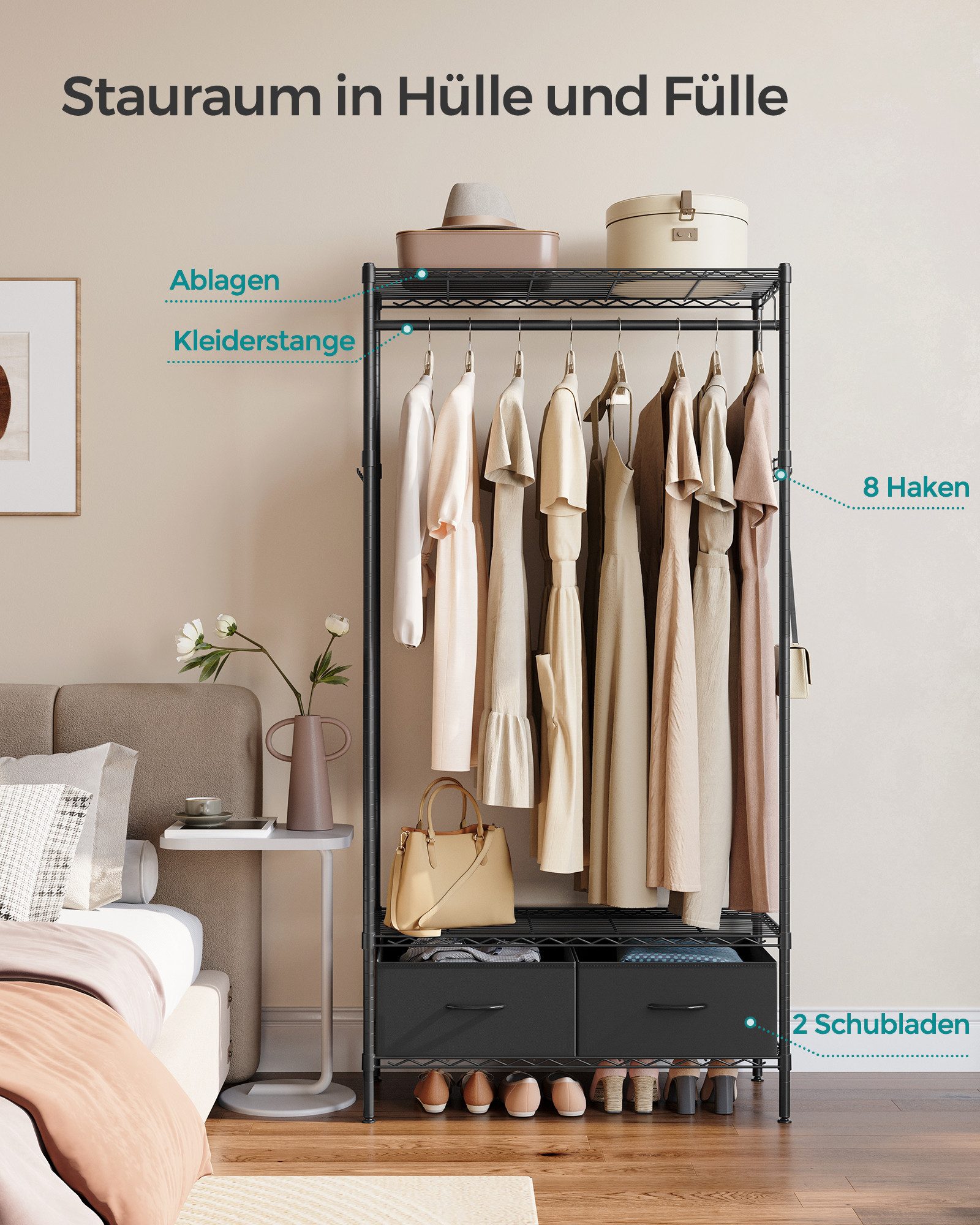 SONGMICS Kleiderständer offener Kleiderschrank, Garderobe mit Gitterablagen, (Garderobenständer mit 2 Schubladen mit Kleiderstange), mit 2 Schubladen und Kleiderstange, freistehend