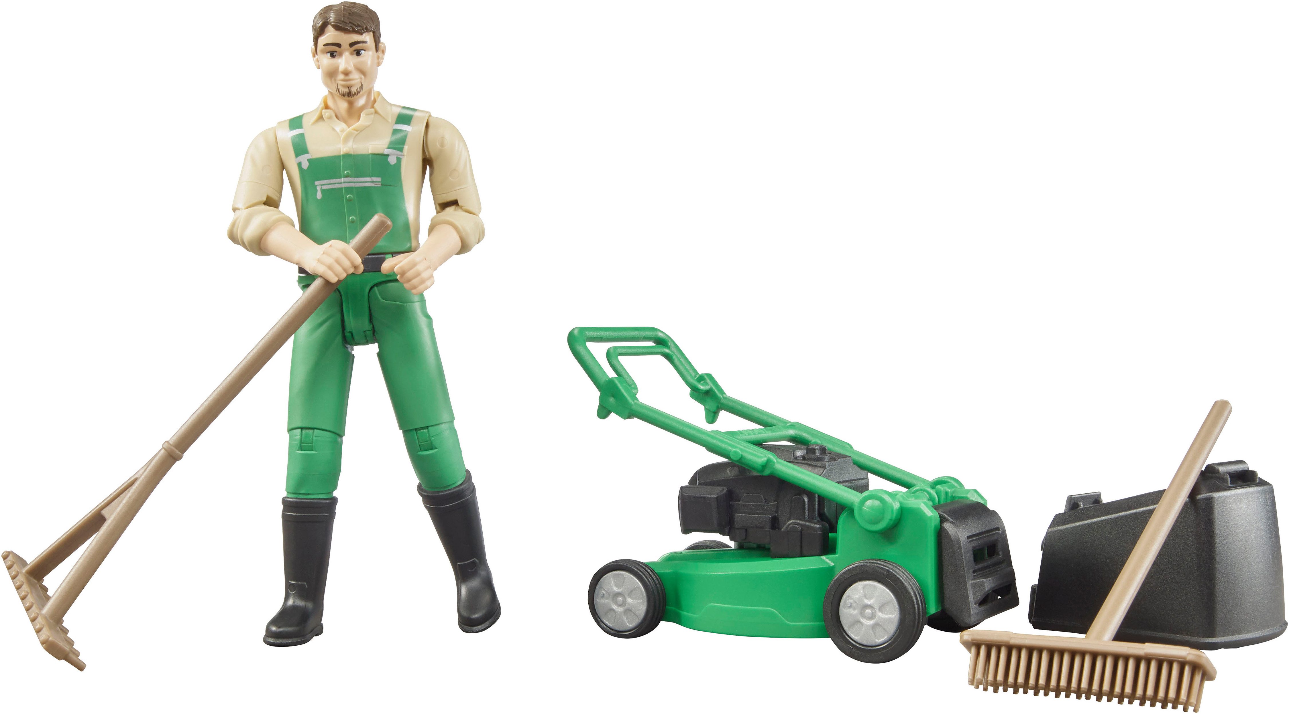 Bruder® Spielfigur bworld Gärtner mit Rasenmäher und Gartengeräten (62103), Made in Europe – Bild 4 von 4