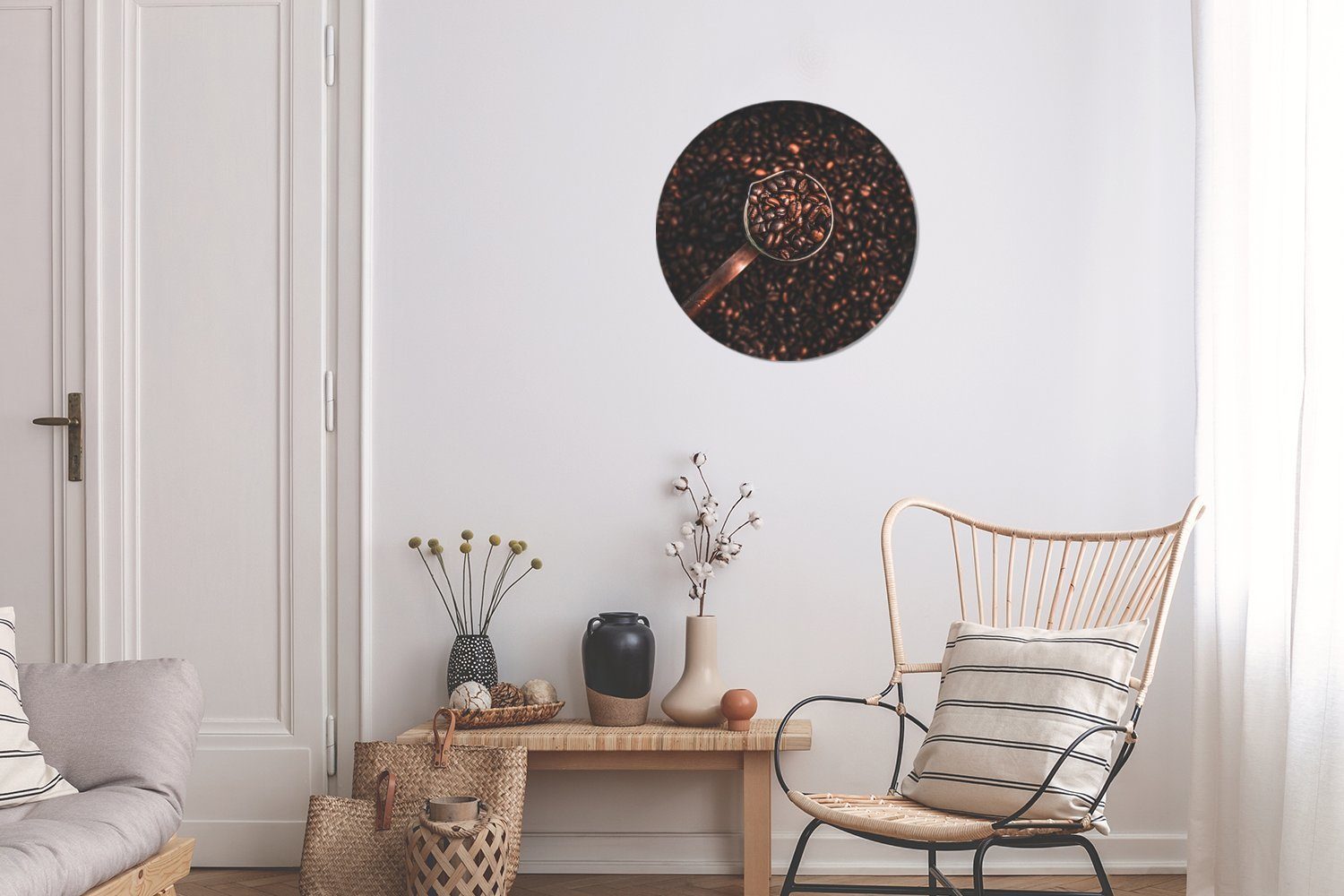 MuchoWow Gemälde Kaffeebohnen in Kreis 30x30 Forex, Wohnzimmer, Rundes (1 cm einer Wandbild, Kaffeekanne, St), Wanddekoration