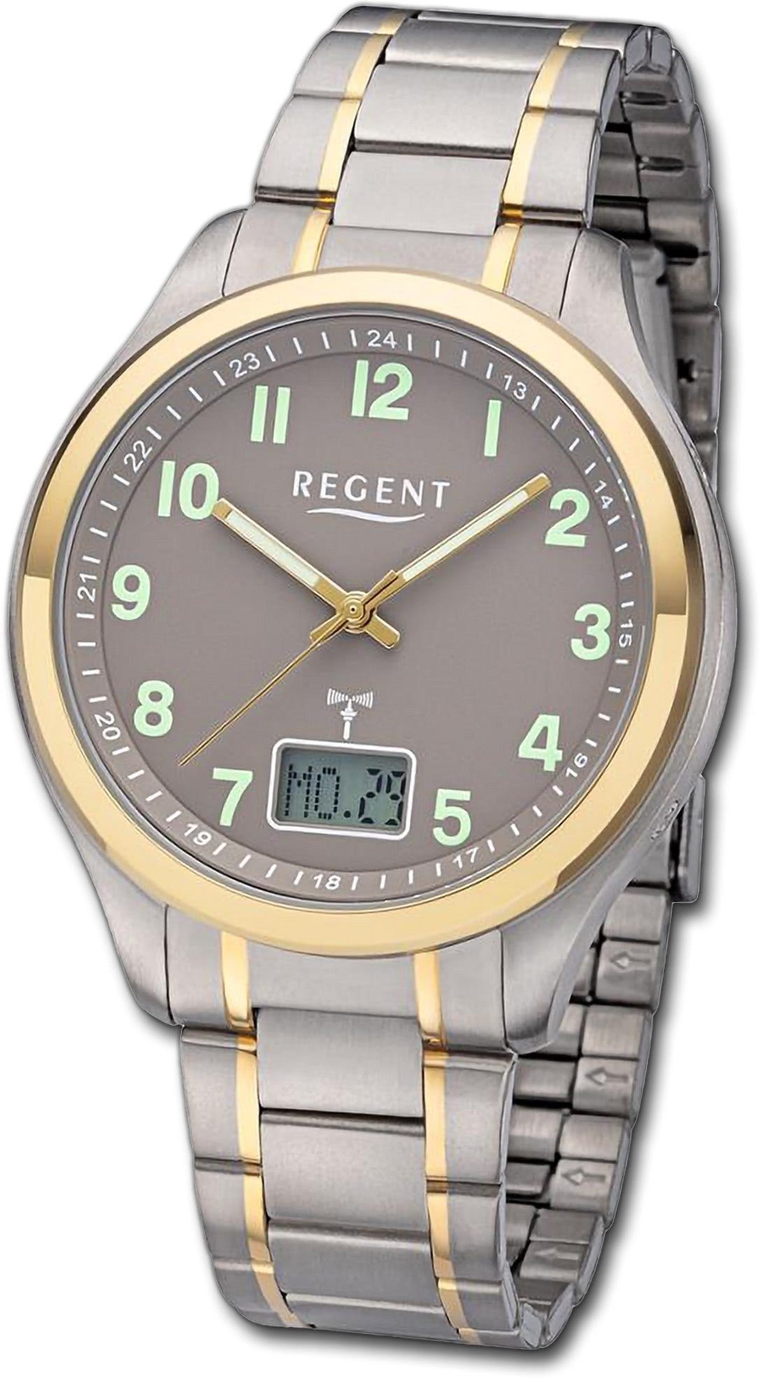 Regent Funkuhr (ca. Analog-Digital, Titanarmband 42mm) Herrenuhr Herren gold, Funkuhr groß silber, Regent Gehäuse, rundes