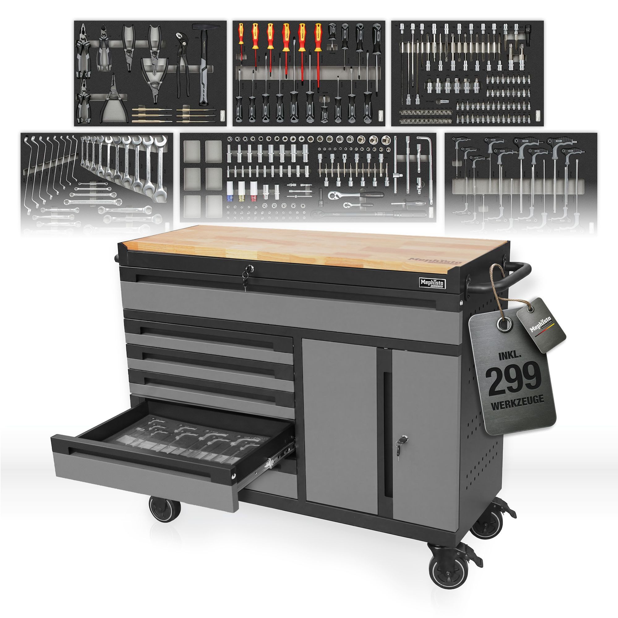 Mephisto-Tools Werkzeugwagen, (fertig montiert und bestückt), 6 Schubladen bis zu 40 kg belastbar & 1 Doppeltür, 4 Schlüssel inkl.
