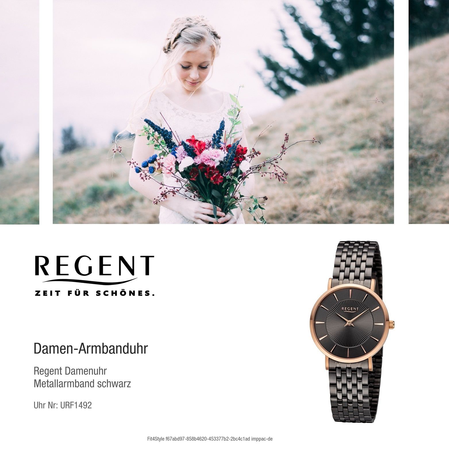 Regent Quarzuhr Regent Gehäuse, schwarz, extra Metallarmband rundes groß Analog, 32mm) Damen Armbanduhr Damenuhr (ca